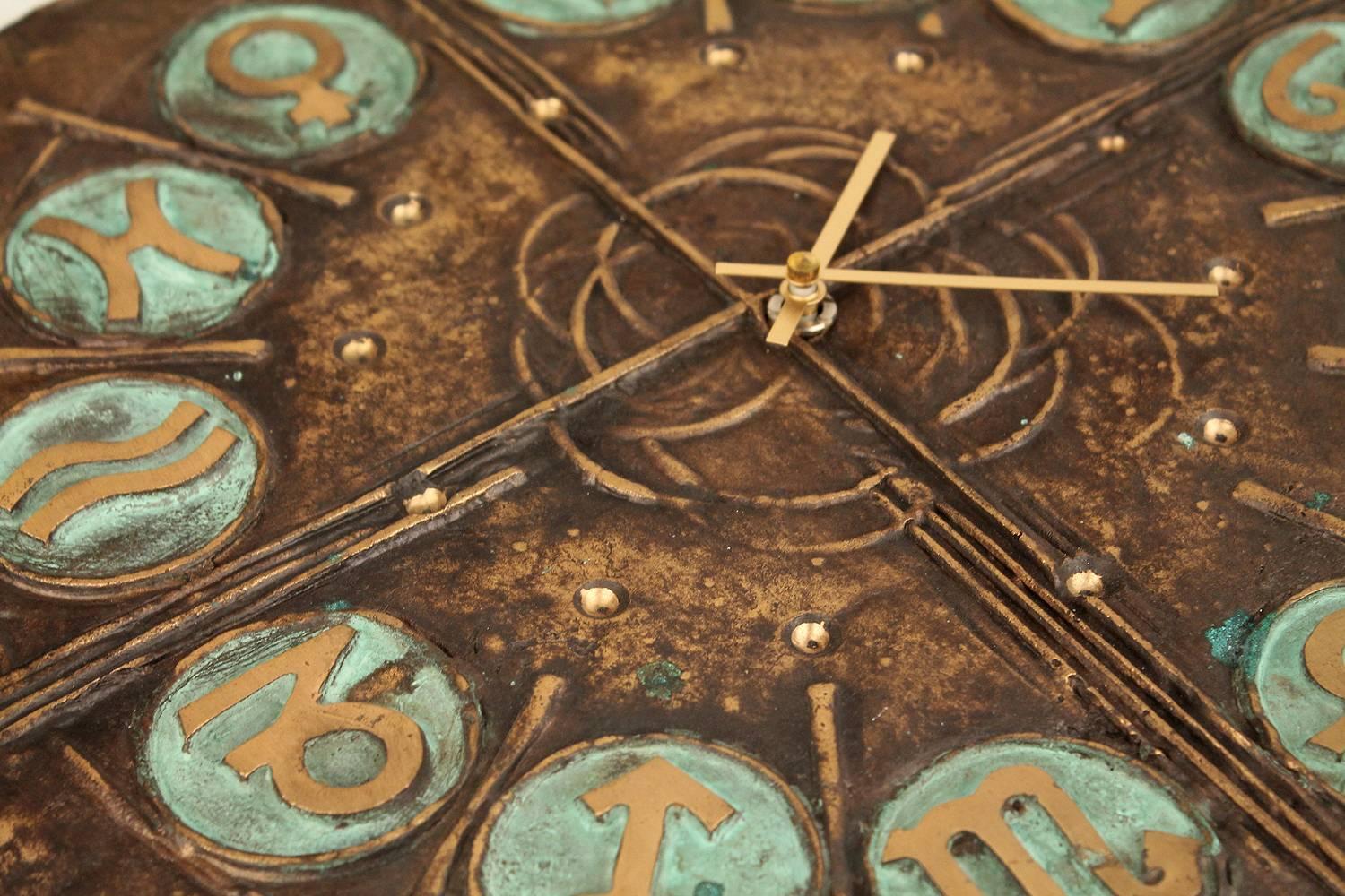 Very Large Italian Mid-Century Bronze Wall Clock Zodiac Signs, 1960s Brutalist 3