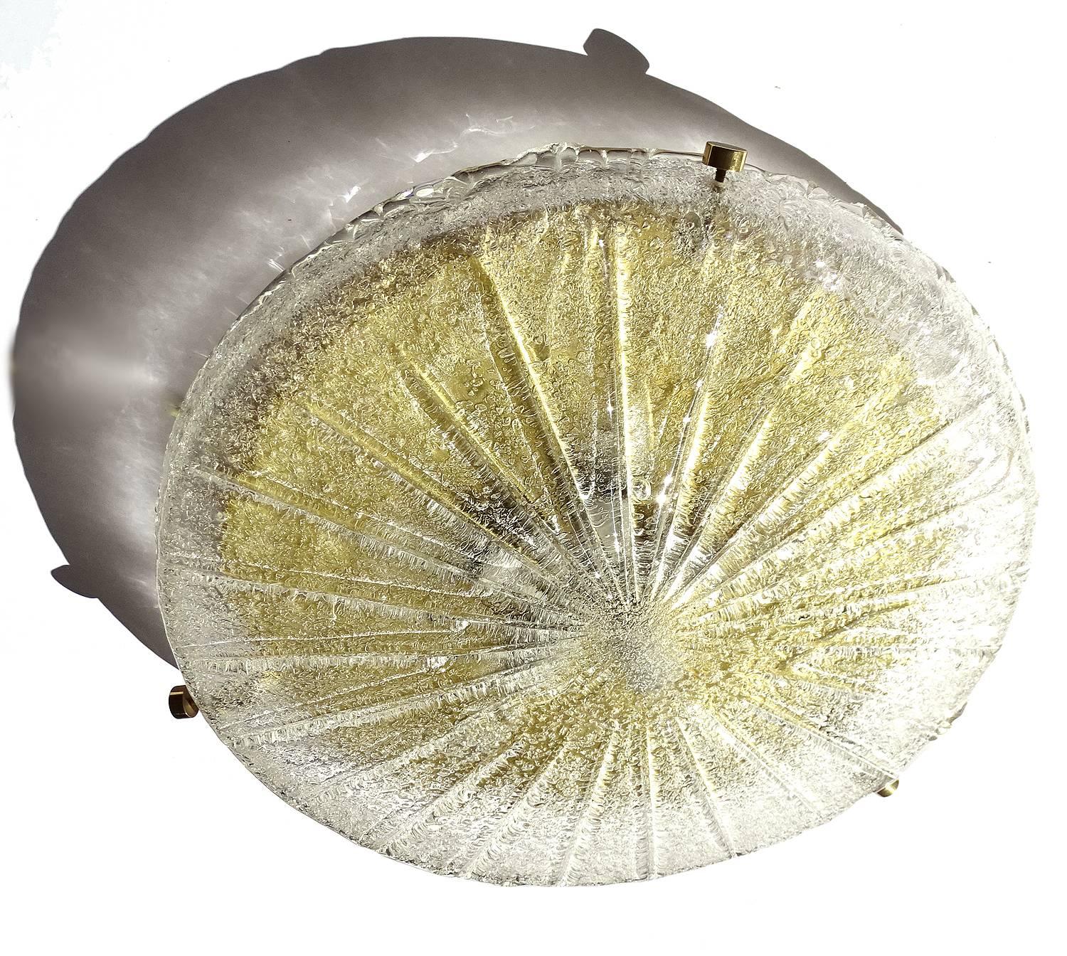 Mid-Century Modern Large Hillebrand Murano Glass & Brass Flush Mount Light, 1960s 