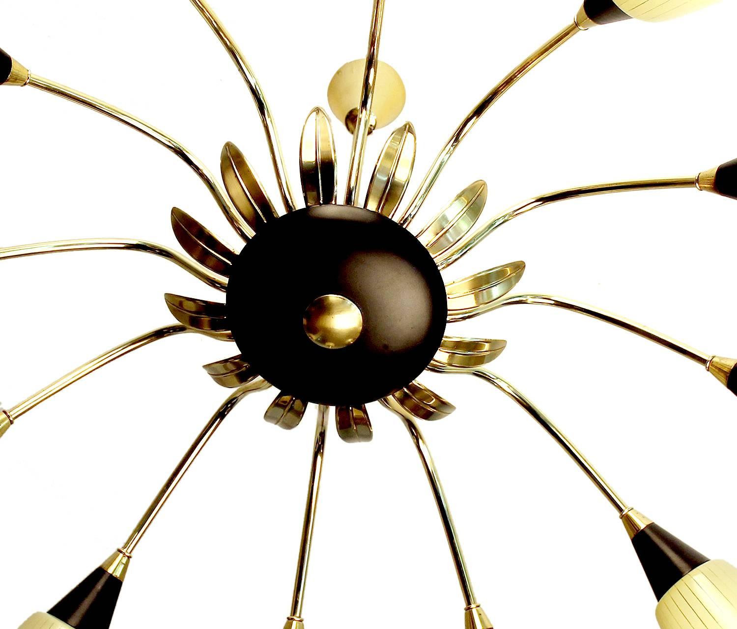 Very Large Sunburst Brass Glass Chandelier, 1950s Design Pendant  2