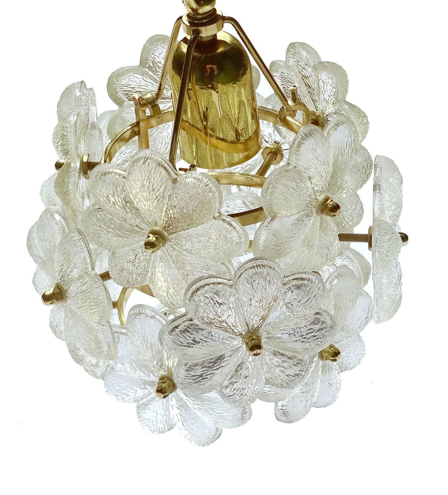 Mid-20th Century Palwa Glass Flower Pendant Light Brass Ceiling Lamp Floral Modernist 1960