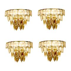 Four Bakalowits Gold Glass Sconces Modernist Brass Wall Lamps, 1960s Design