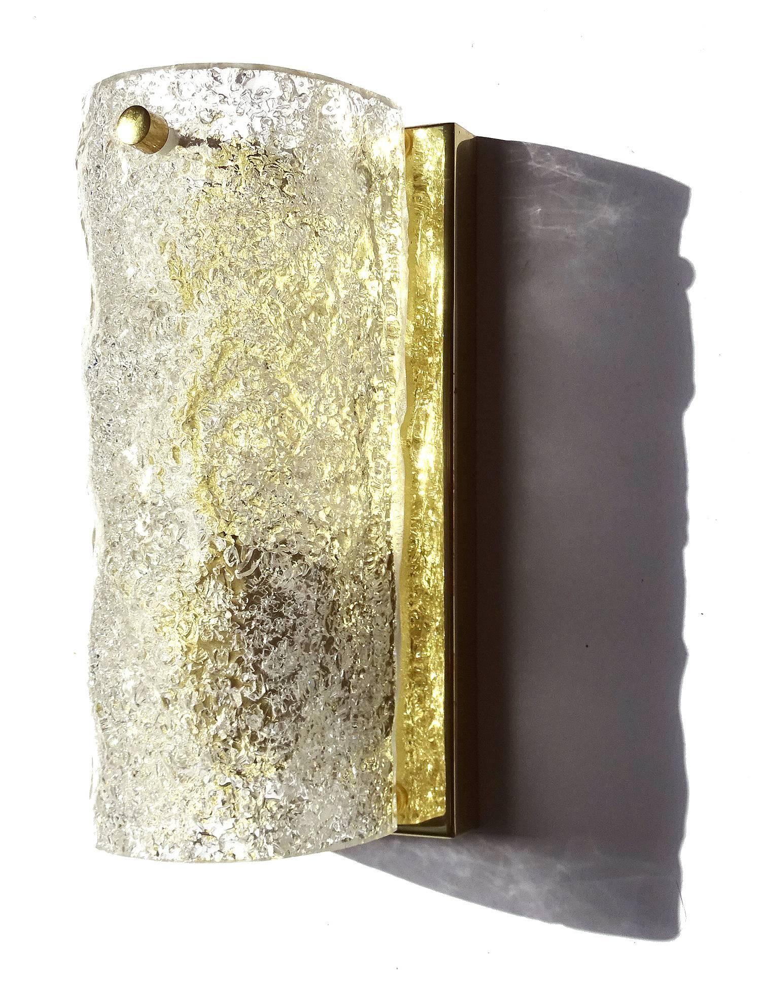 Mid-Century Modern Pair of Hillebrand Murano Glass & Gold Brass Sconces, 1960s Modernist Design