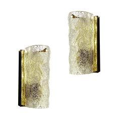 Vintage Pair of Hillebrand Murano Glass & Gold Brass Sconces, 1960s Modernist Design