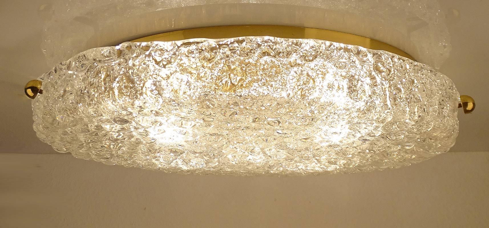 German Large Hillebrand Murano Glass & Brass Flush Mount Light, 1960s 
