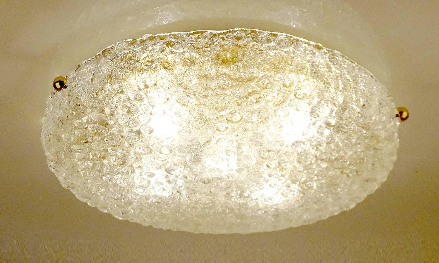 Mid-20th Century Large Hillebrand Murano Glass & Brass Flush Mount Light, 1960s 
