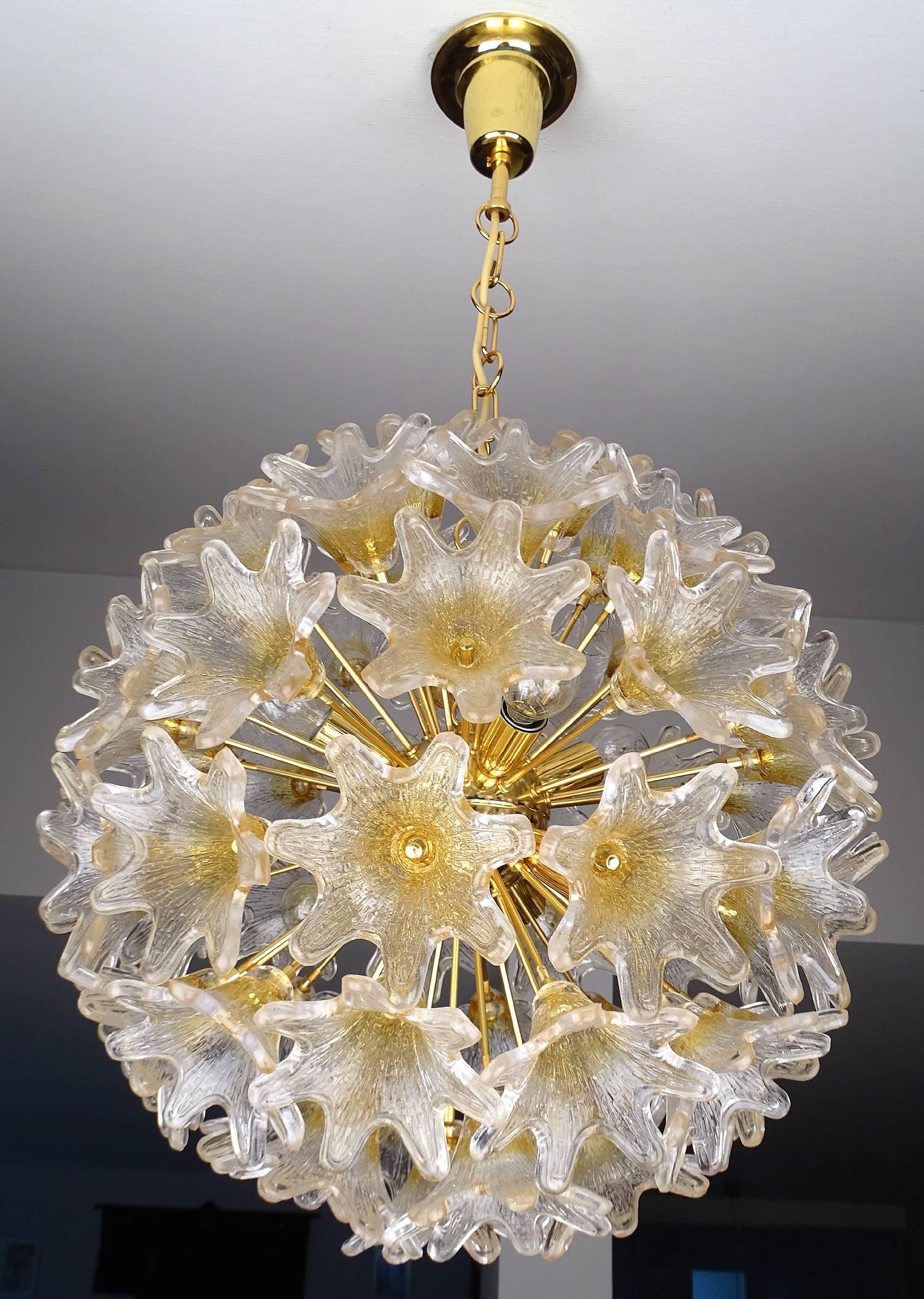 Brass Large Venini Floral Sunburst Murano Glass Chandelier,  Italian Pendant Lamp 