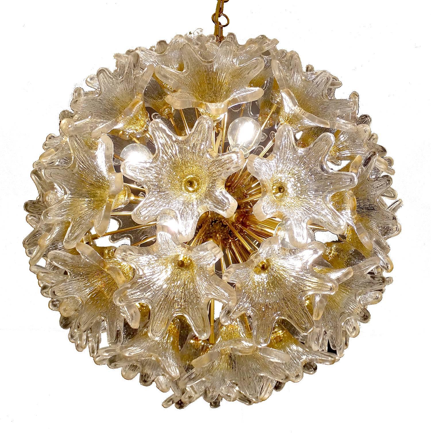 Large Venini Floral Sunburst Murano Glass Chandelier,  Italian Pendant Lamp 