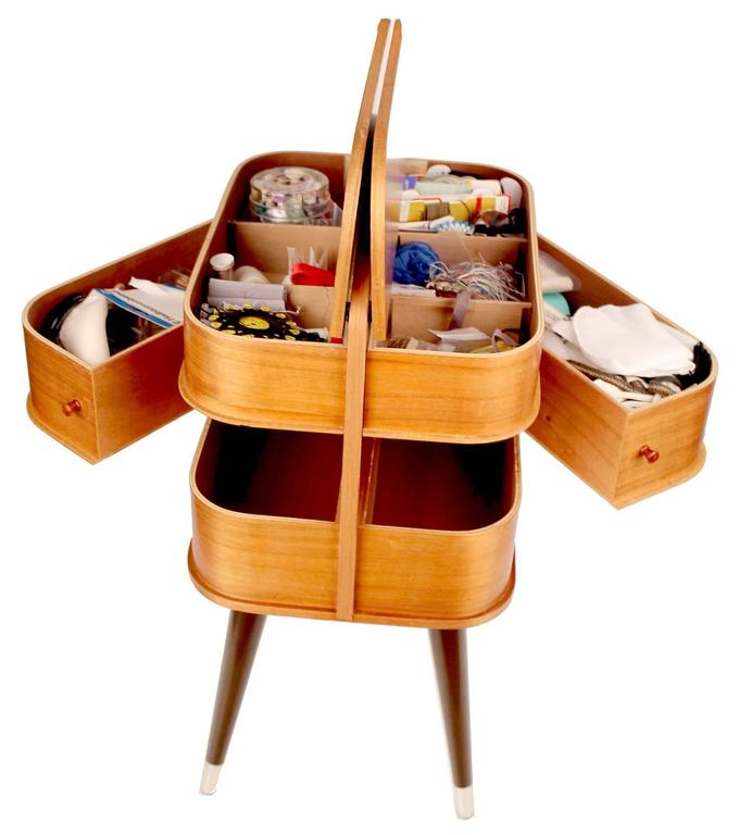 Danish Modern Sewing Box Storage Chest Plywood, 1960s Modernist Design
