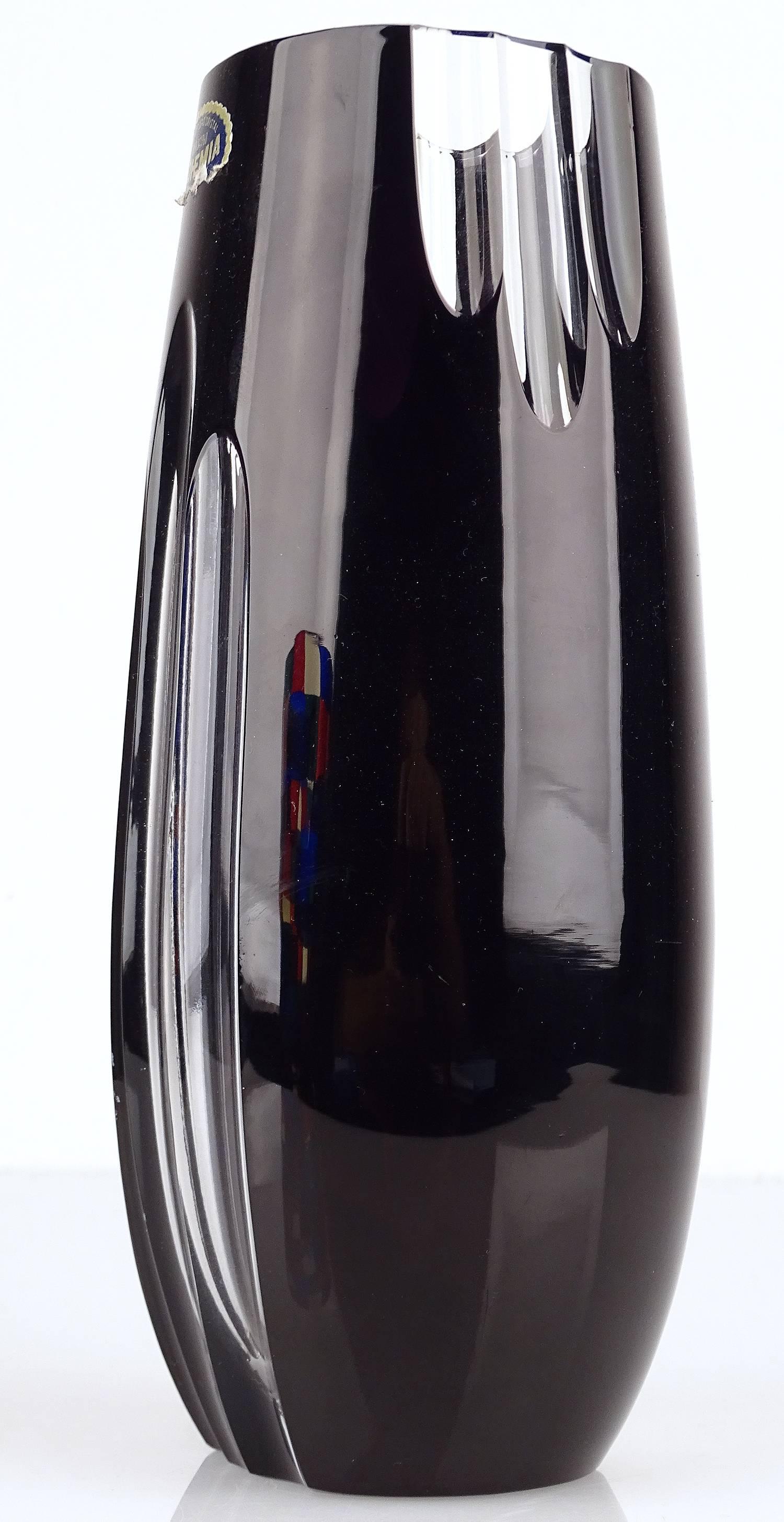 Czech Midcentury Black Crystal Ebony Glass Vase, Bohemia