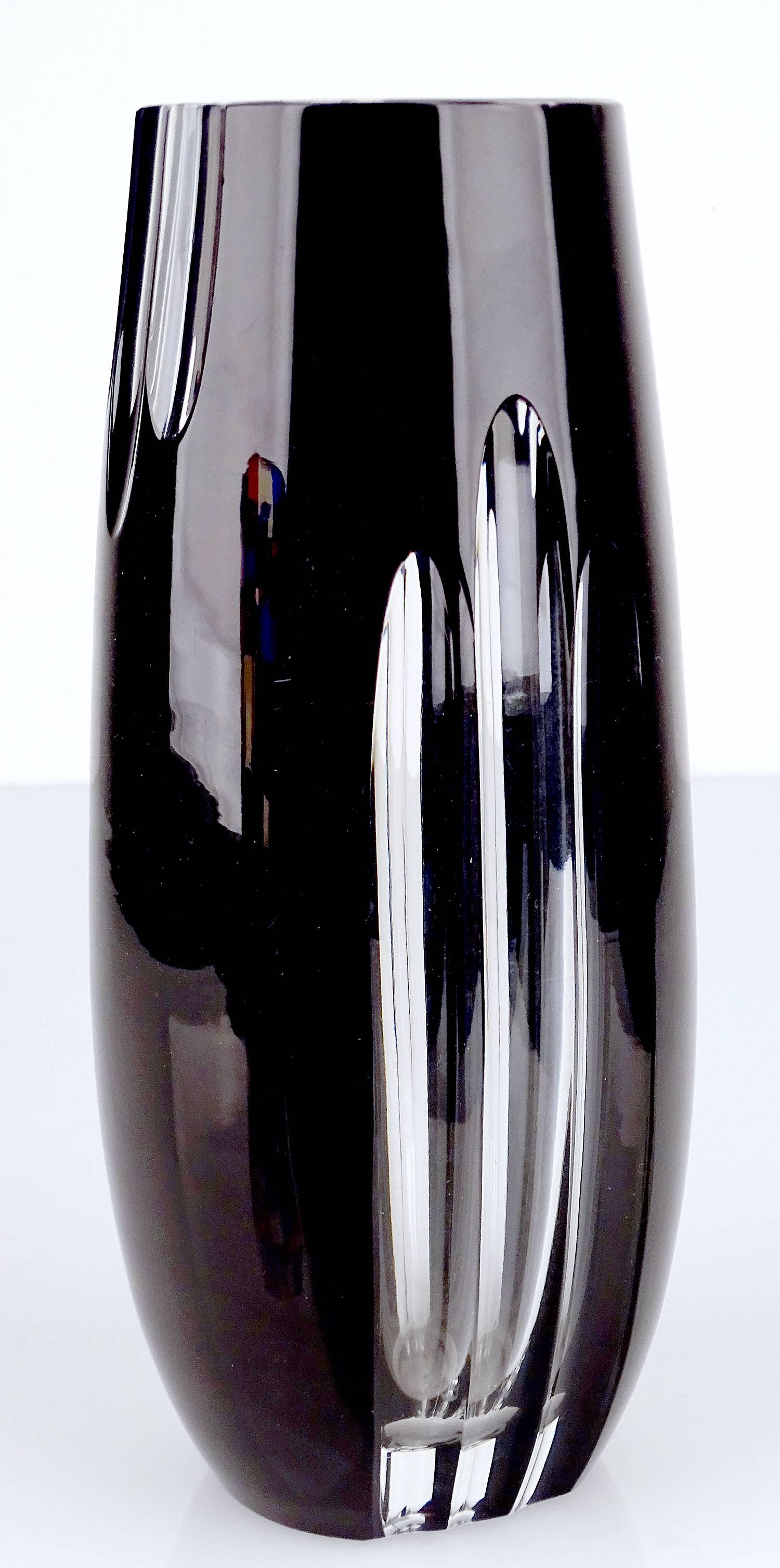 Midcentury Black Crystal Ebony Glass Vase, Bohemia In Excellent Condition In Bremen, DE