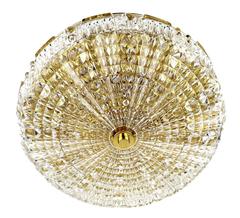 Orrefors Cut Crystal Glass Brass Flush Ceiling Light, Carl Fagerlund