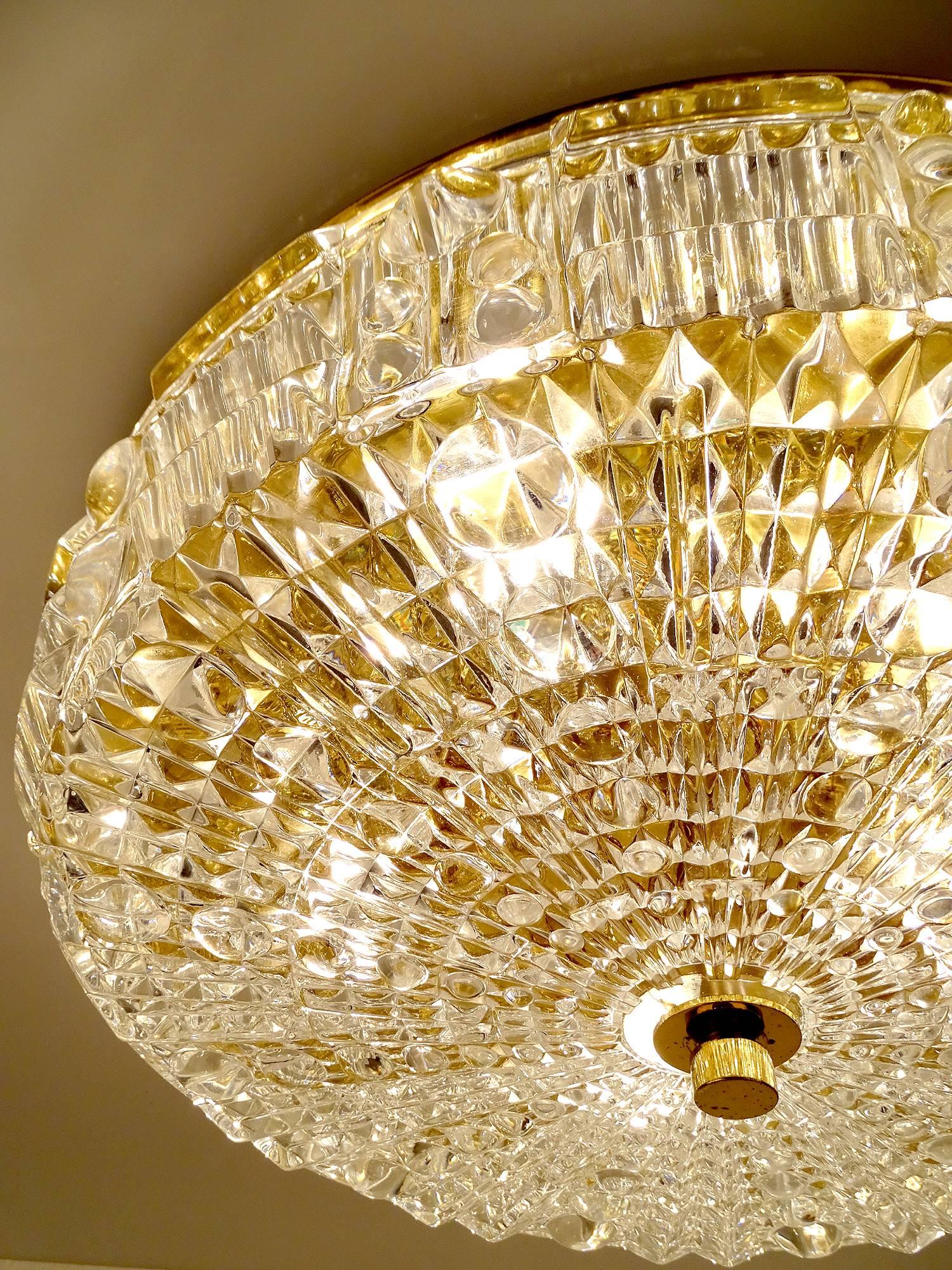 Orrefors Cut Crystal Glass Brass Flush Ceiling Light, Carl Fagerlund 3