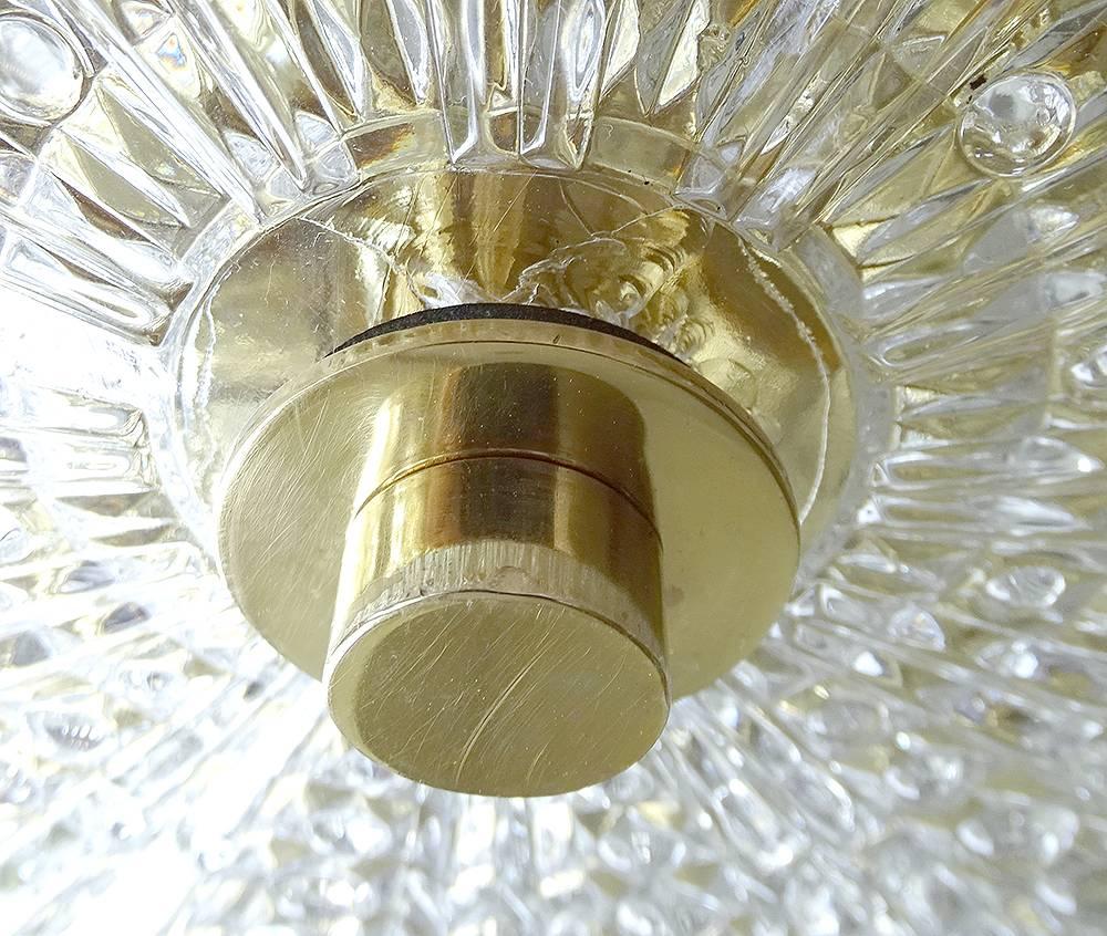 Orrefors Cut Crystal Glass Brass Flush Ceiling Light, Carl Fagerlund 4