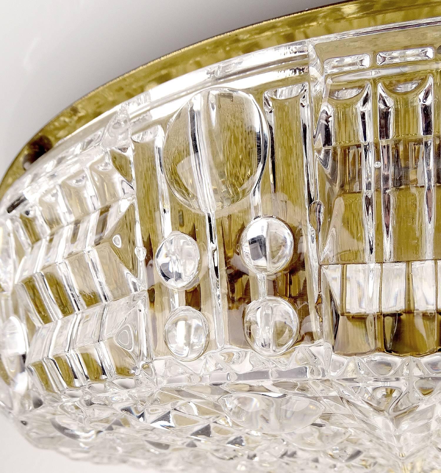 Orrefors Cut Crystal Glass Brass Flush Ceiling Light, Carl Fagerlund 1