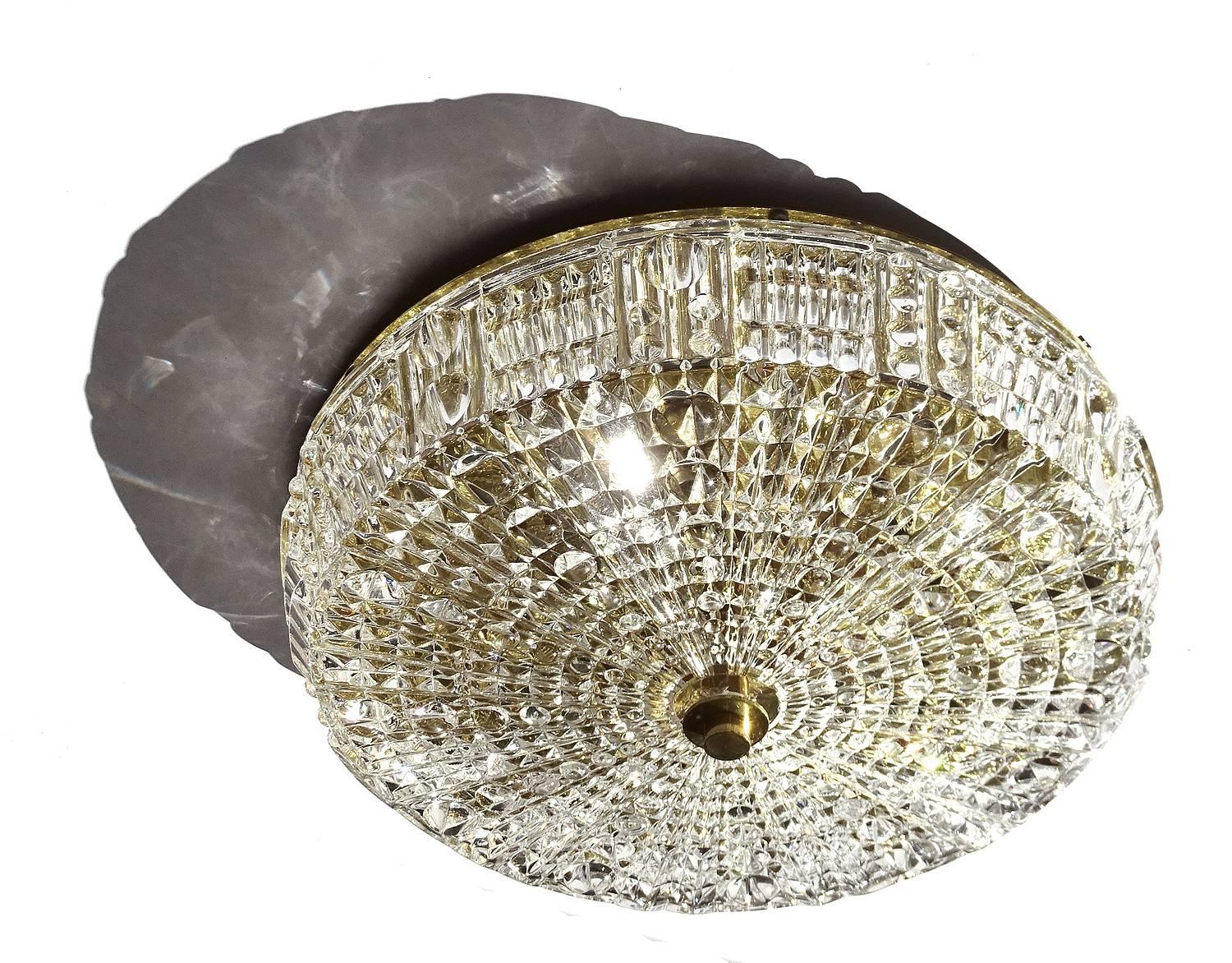 Swedish Orrefors Cut Crystal Glass Brass Flush Ceiling Light, Carl Fagerlund