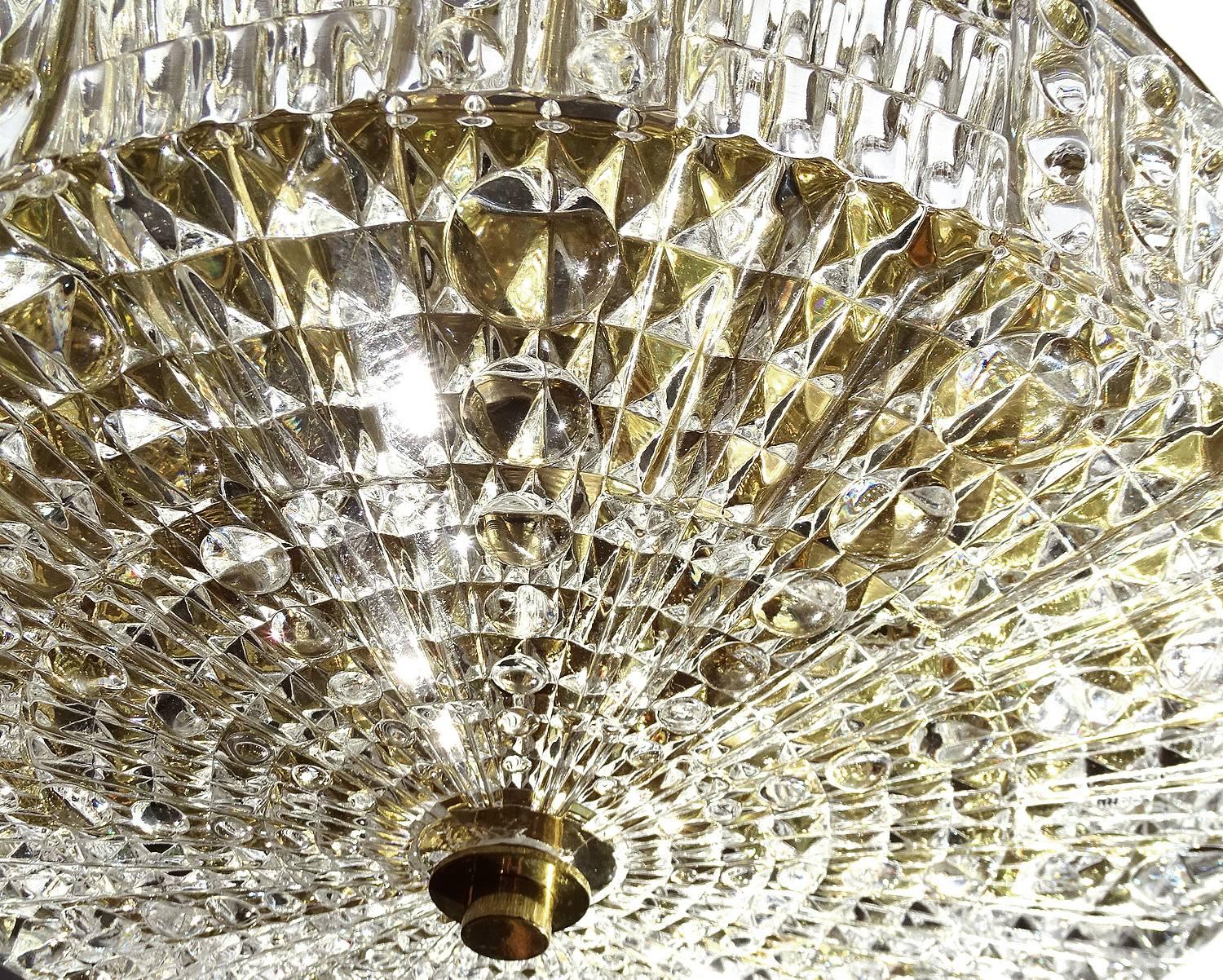 Orrefors Cut Crystal Glass Brass Flush Ceiling Light, Carl Fagerlund 2