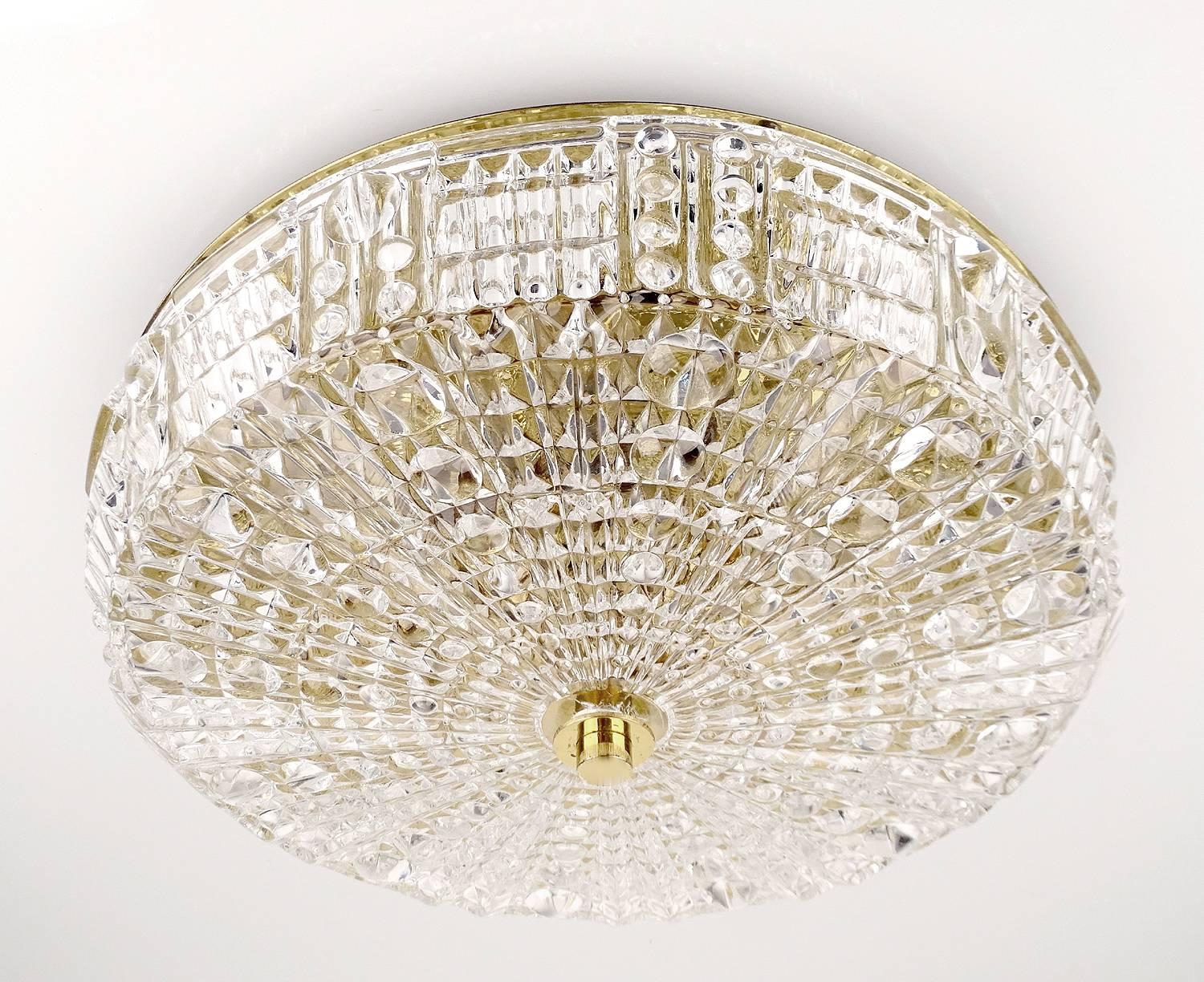 Mid-20th Century Orrefors Cut Crystal Glass Brass Flush Ceiling Light, Carl Fagerlund