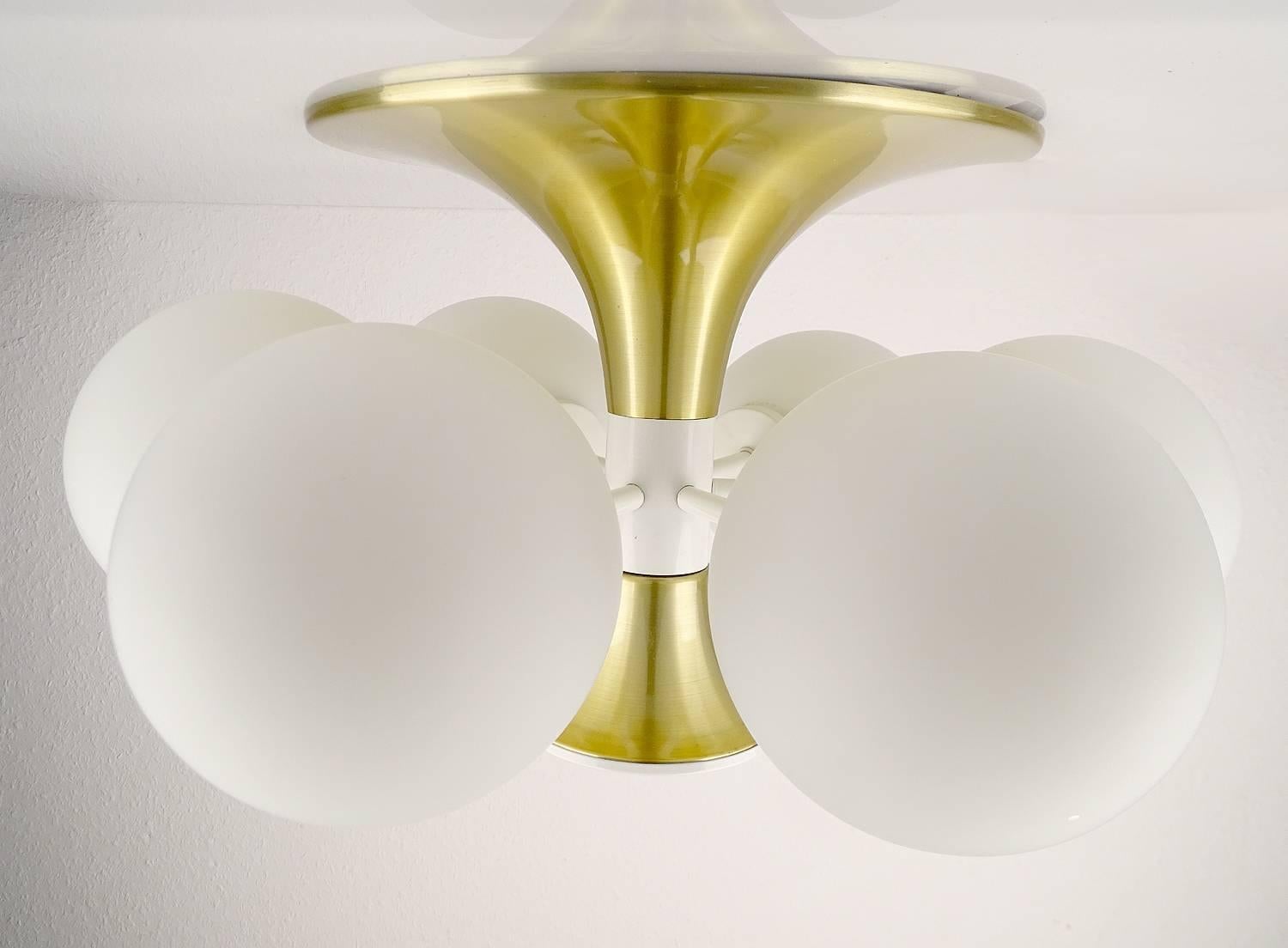 German Mid Century Sputnik Brass Glass Flush Light Pendant , Stilnovo Gio Ponti Era  For Sale