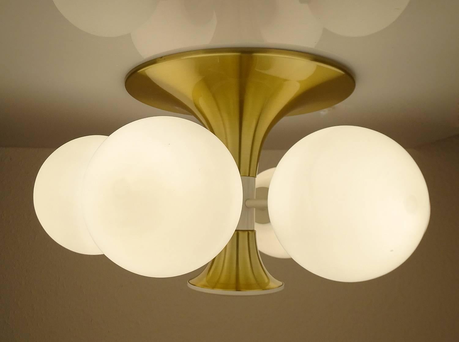 Anodized Mid Century Sputnik Brass Glass Flush Light Pendant , Stilnovo Gio Ponti Era  For Sale