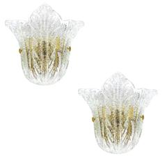 Pair Large  Barovier Toso Murano Glass Brass Sconces, 1960s 