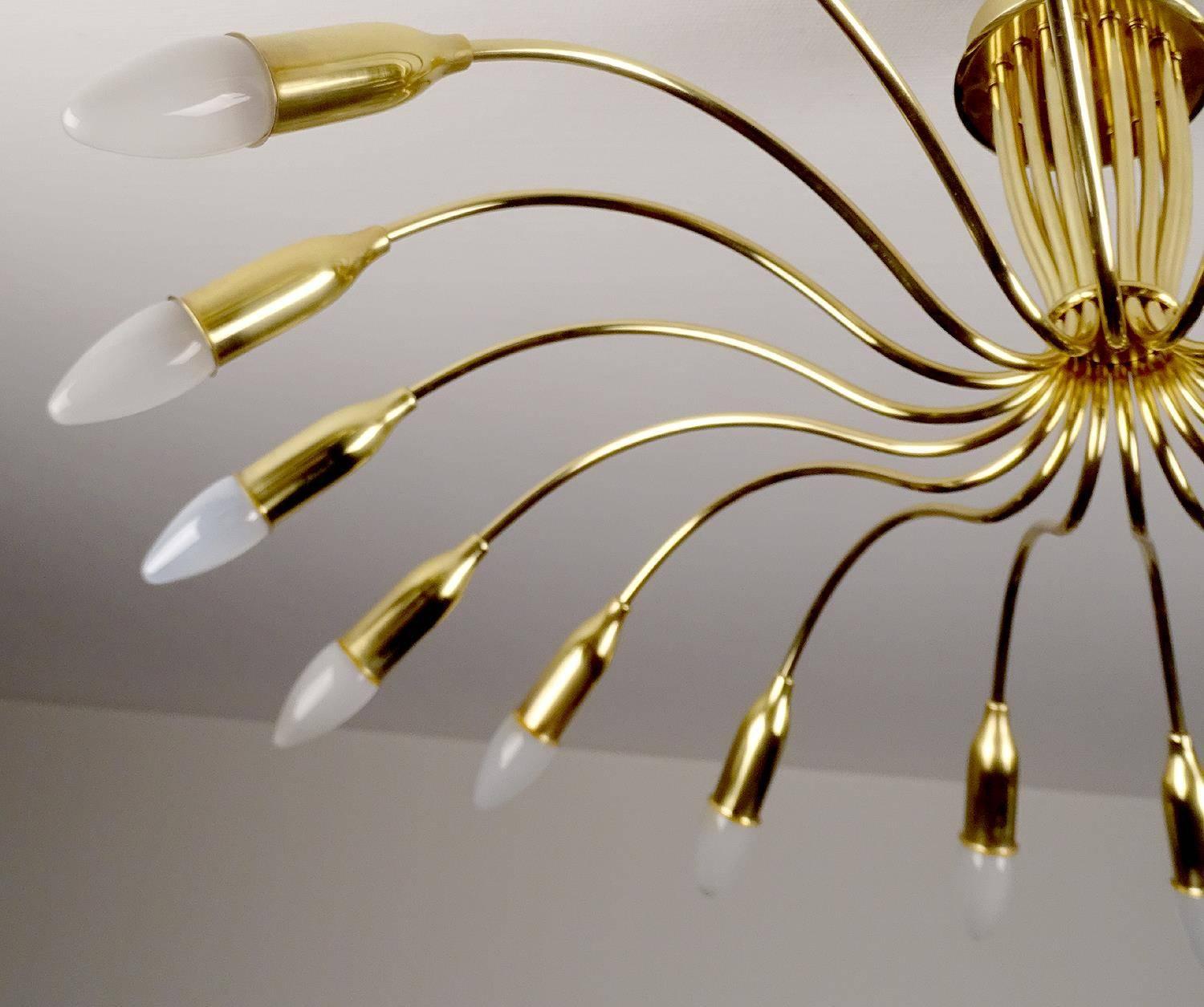 Brass Large Kalmar Sunburst Flush Chandelier, 1950s  Stilnovo Style Pendant Lamp 