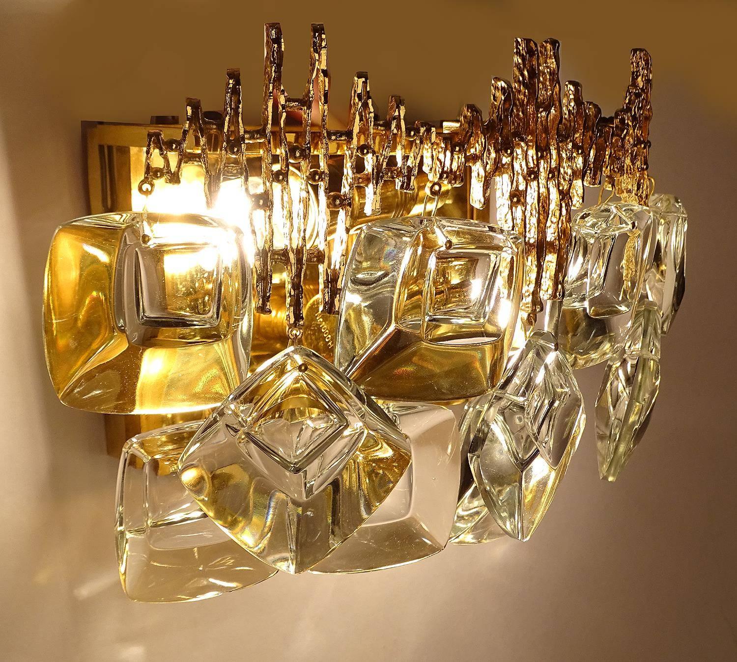 Austrian Exceptionnal Pair 60s MidCentury Palwa Gilt Crystal  Mirror Sconces Wall Lights For Sale