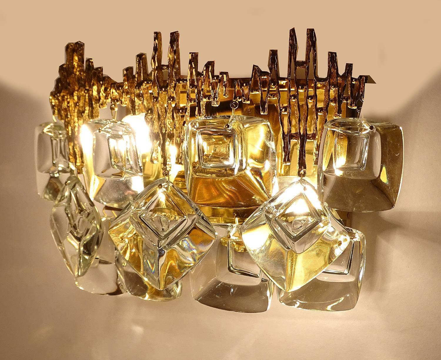 Mid-20th Century Exceptionnal Pair 60s MidCentury Palwa Gilt Crystal  Mirror Sconces Wall Lights For Sale