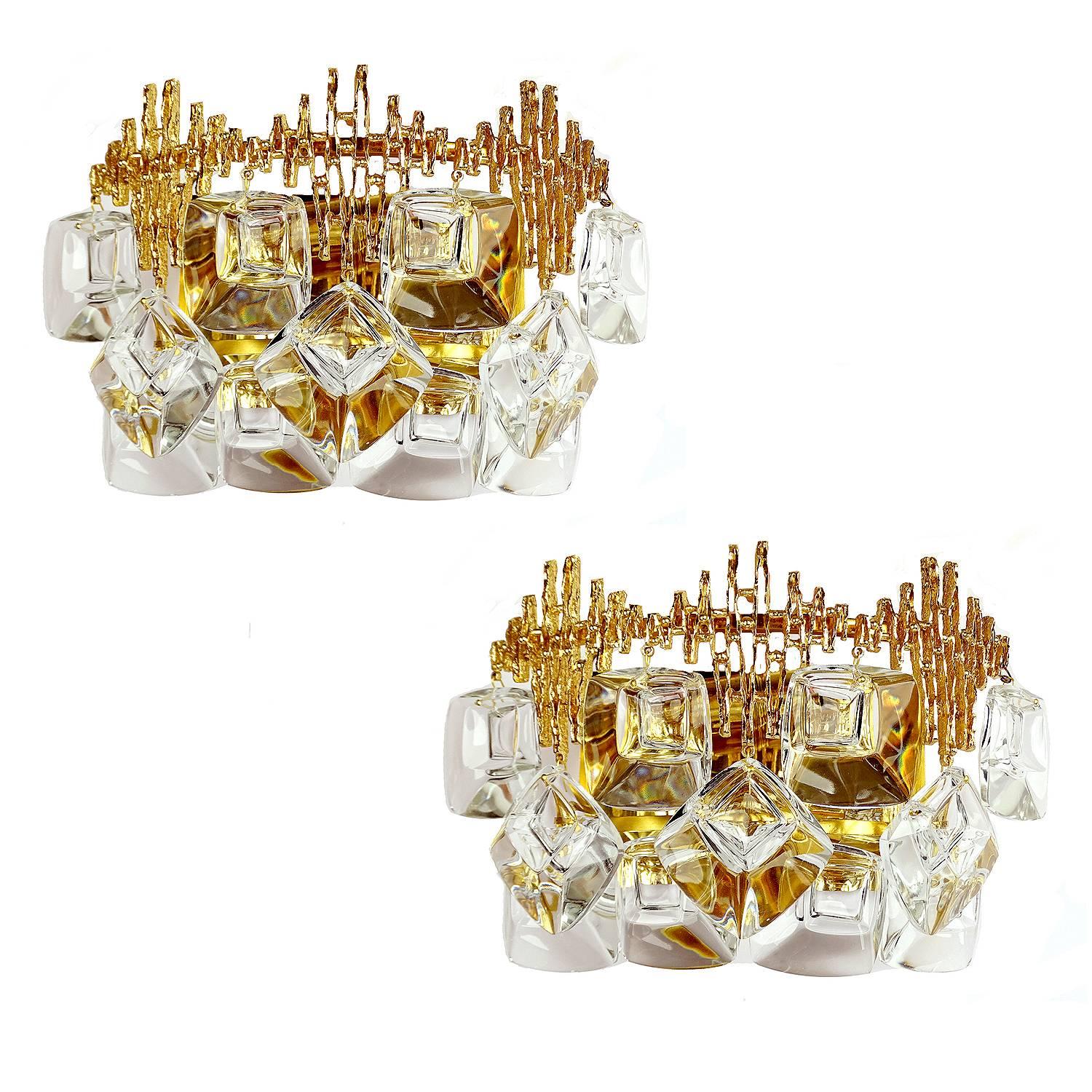 Exceptionnal Pair 60s MidCentury Palwa Gilt Crystal  Mirror Sconces Wall Lights For Sale