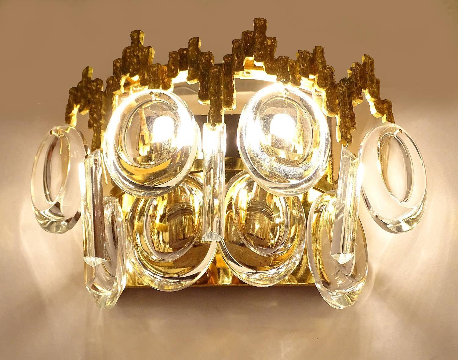 Brass Exceptionnal Pair 60s MidCentury Palwa Gilde Crystal Sconces, Vanity Wall Lights For Sale