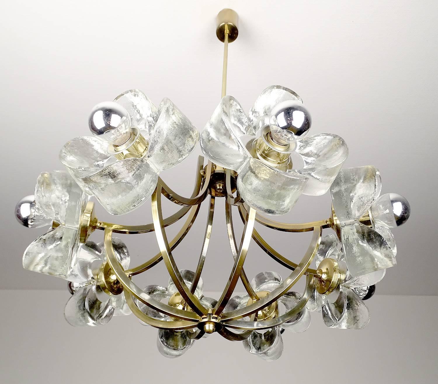 Mid-20th Century Large Mid Century Glass & Brass Chandelier, 1960s Modernist  Pendant  Light 