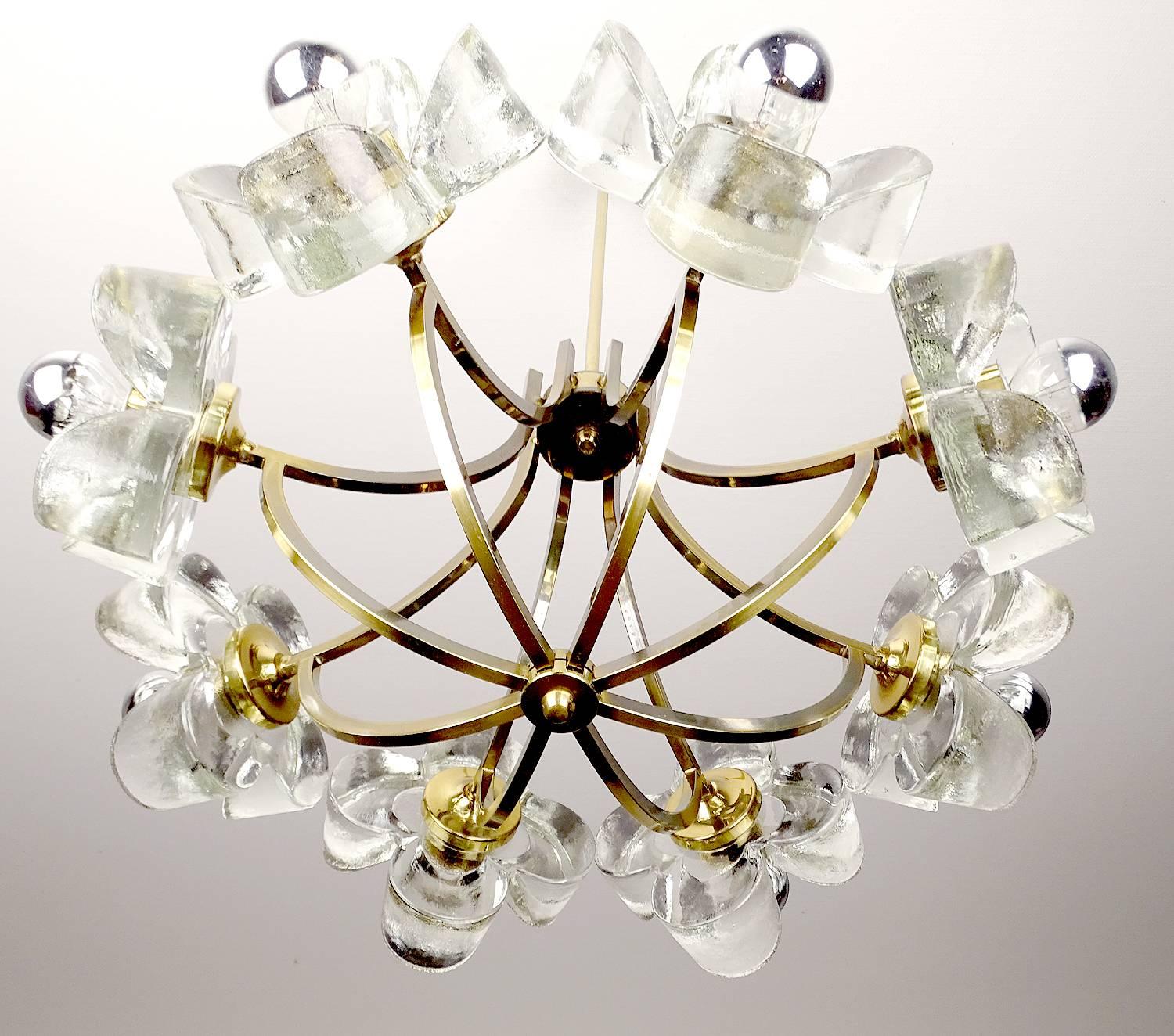 Large Mid Century Glass & Brass Chandelier, 1960s Modernist  Pendant  Light  2