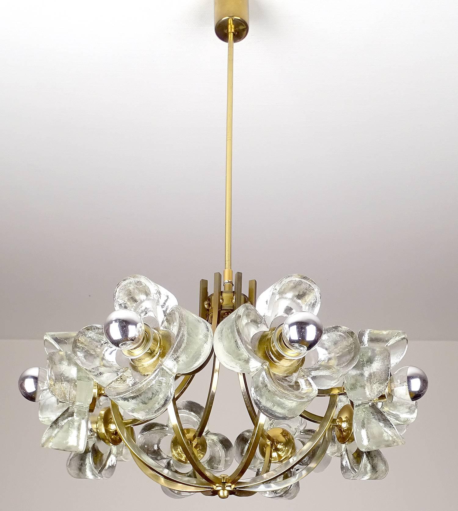 Mid-Century Modern Large Mid Century Glass & Brass Chandelier, 1960s Modernist  Pendant  Light 