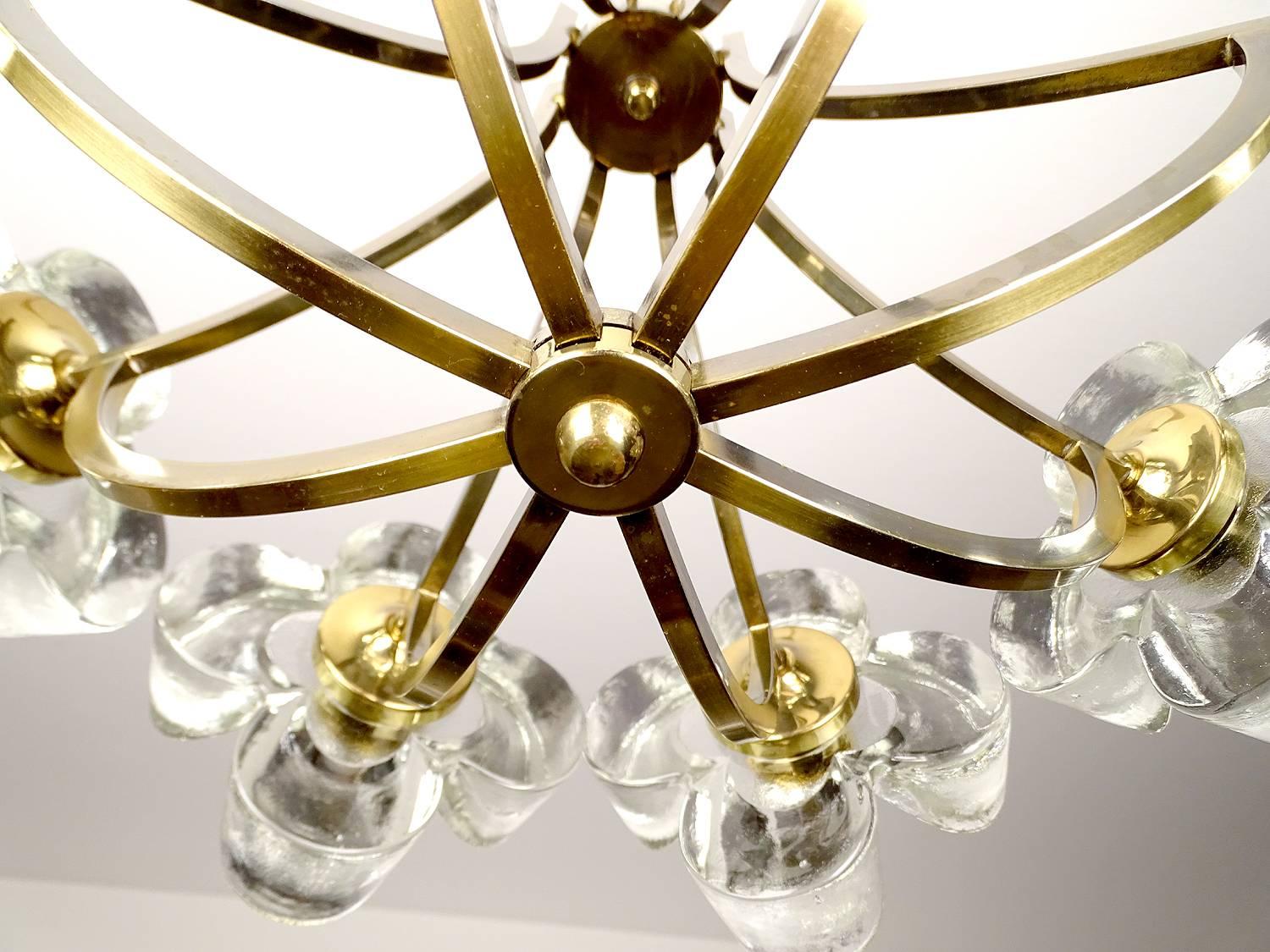 Large Mid Century Glass & Brass Chandelier, 1960s Modernist  Pendant  Light  3