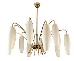 Large Sunburst Brass Glass Chandelier, 1950s Modernist Design, Stilnovo Style