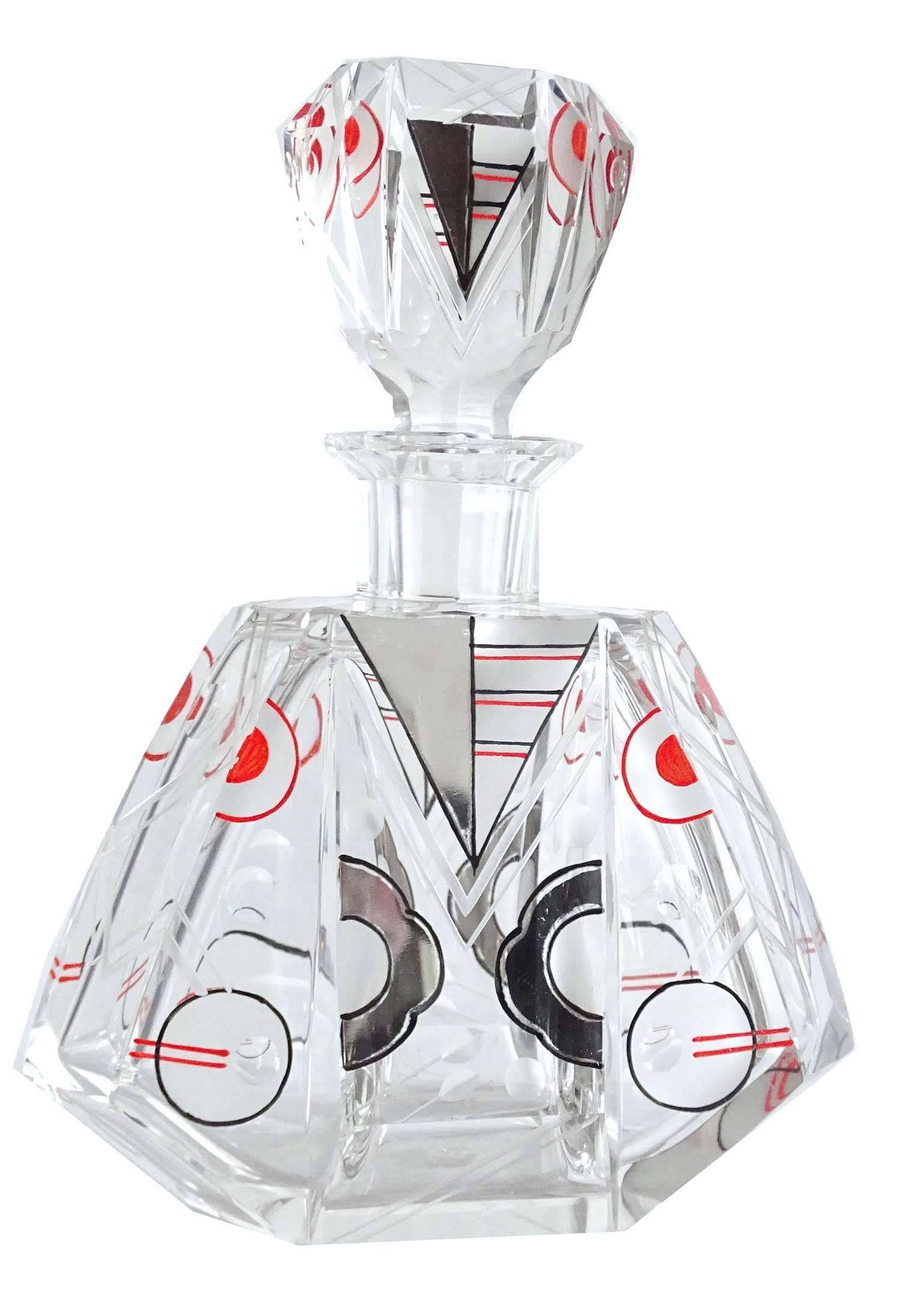 Czech Art Deco Karl Palda Crystal Glass Decanter Set Modernist Bohemian Design 30s