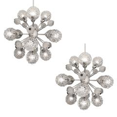 Pair Large Sunburst Glass Globe Chandeliers, 1960s Modernist Design Pendant 3