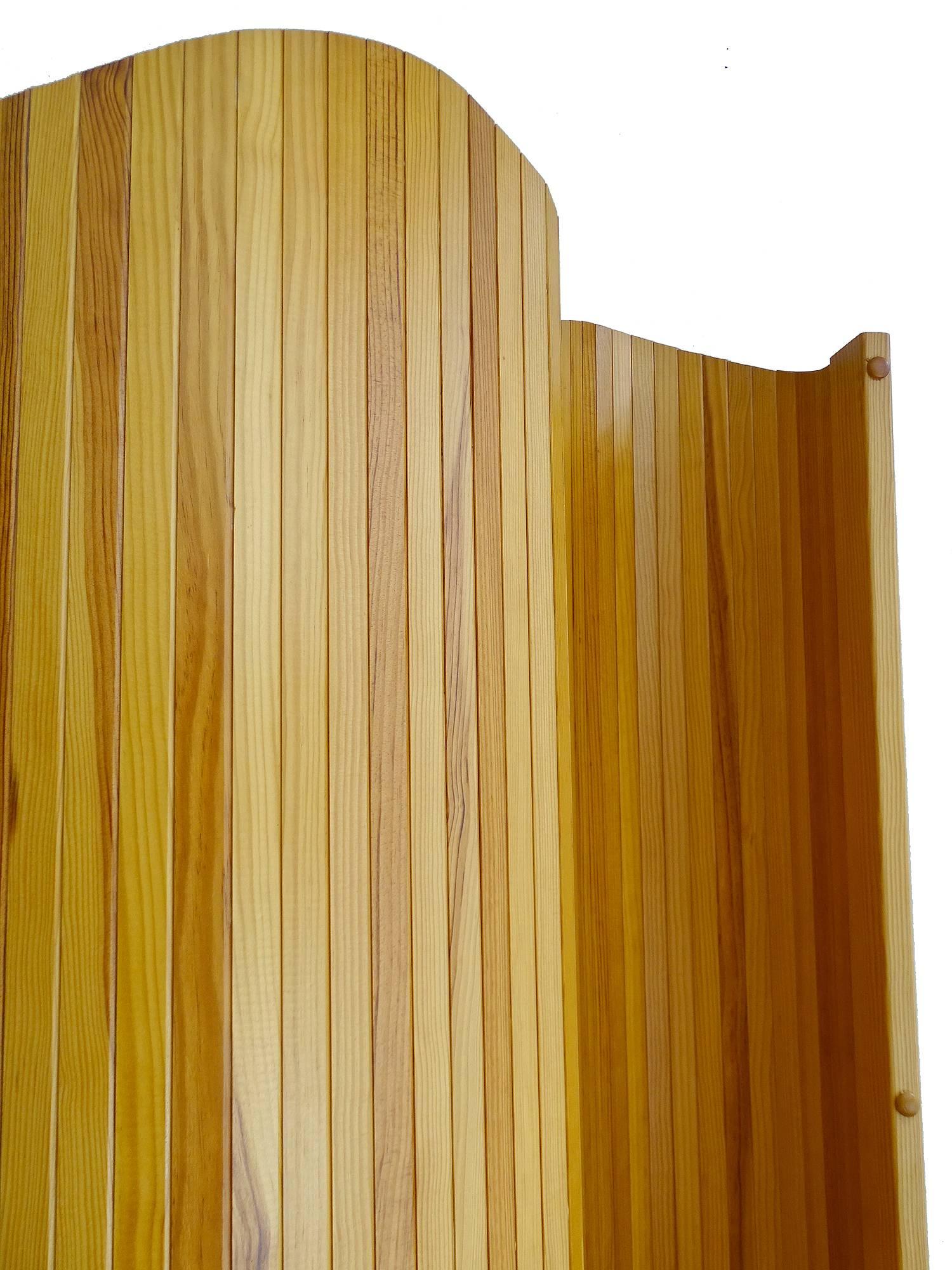 French Wood Tambour Divider  Screen,  1960s Modernist Undulating Design 1