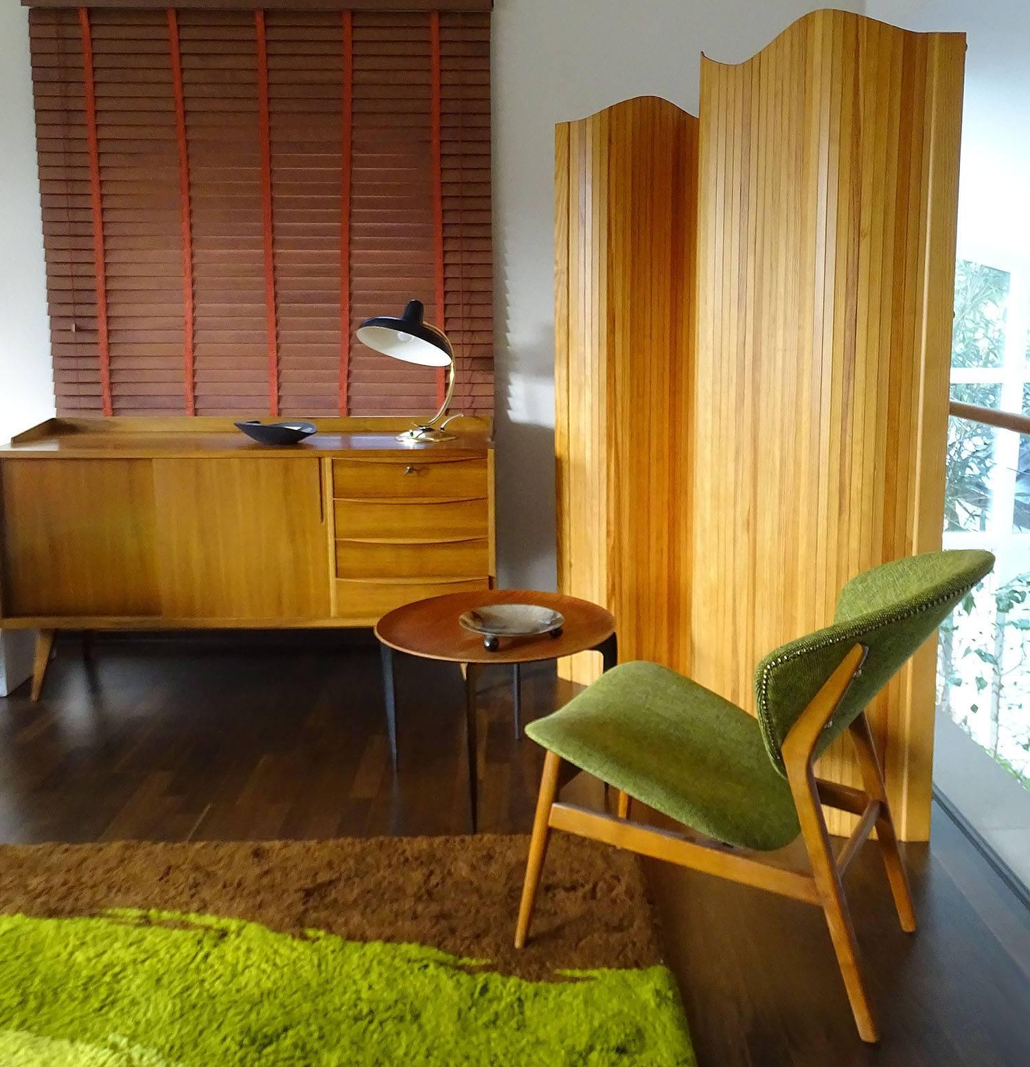 Mid-Century Modern French Wood Tambour Divider  Screen,  1960s Modernist Undulating Design