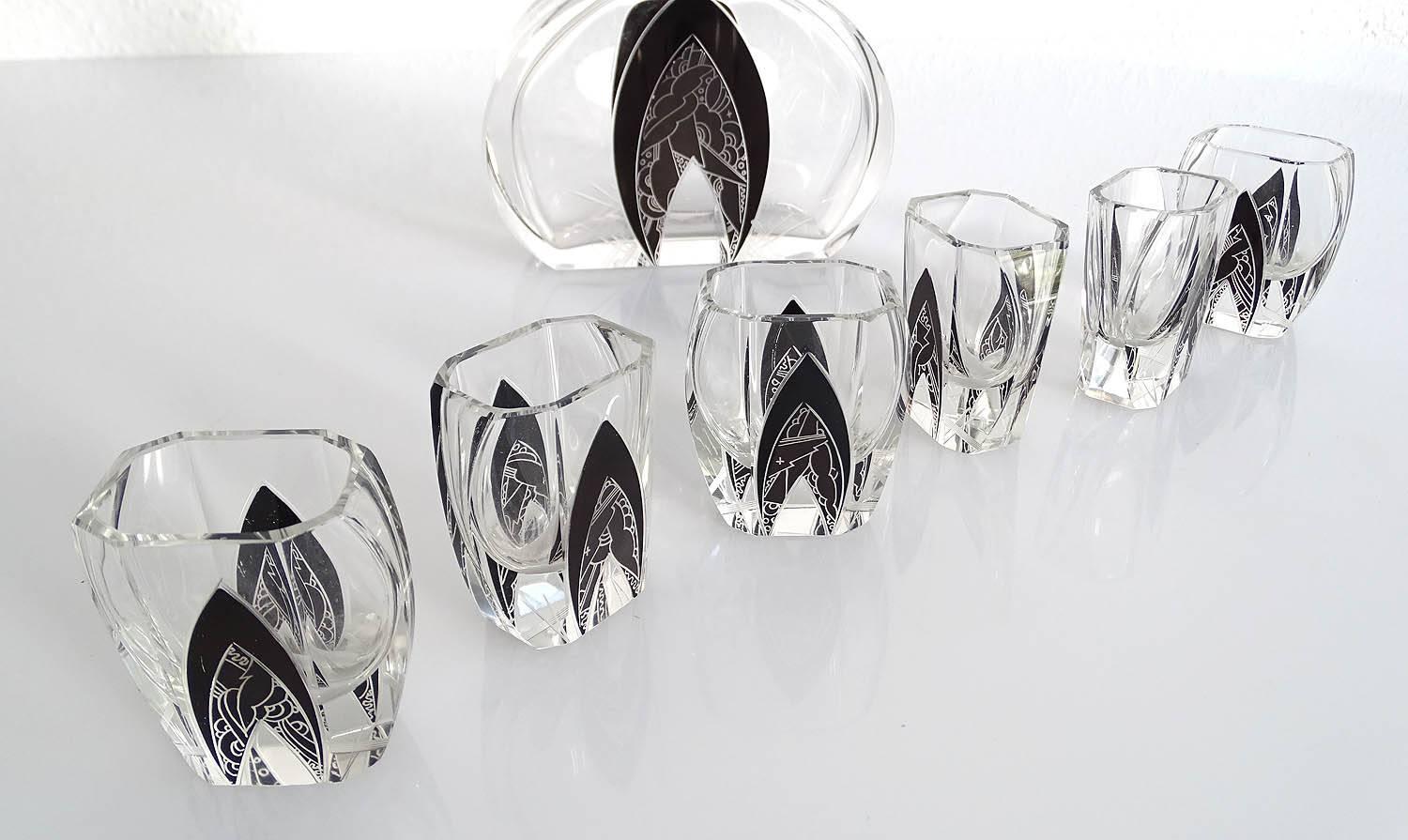 Art Deco Modernist Karl Palda Bohemian Crystal Glass Decanter Set, 1930s 5