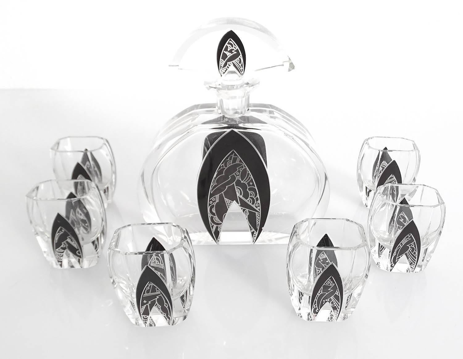 Czech Art Deco Modernist Karl Palda Bohemian Crystal Glass Decanter Set, 1930s