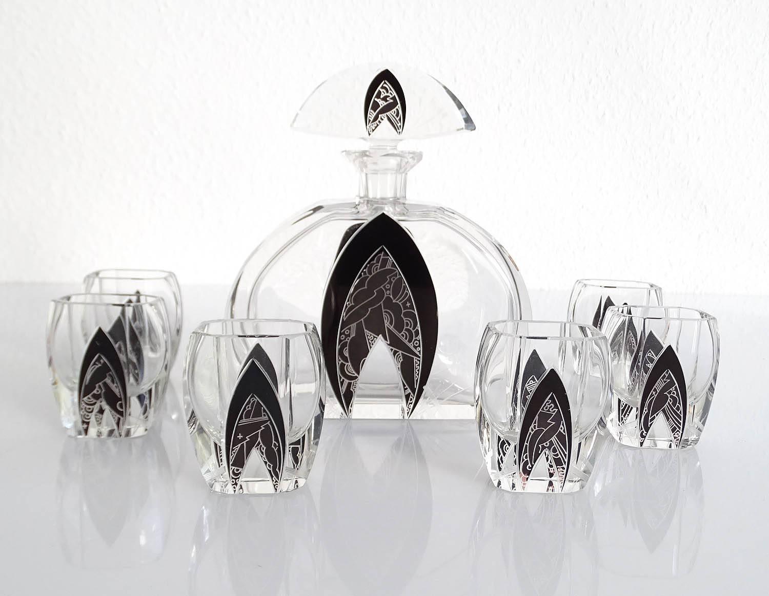 Art Deco Modernist Karl Palda Bohemian Crystal Glass Decanter Set, 1930s In Excellent Condition In Bremen, DE