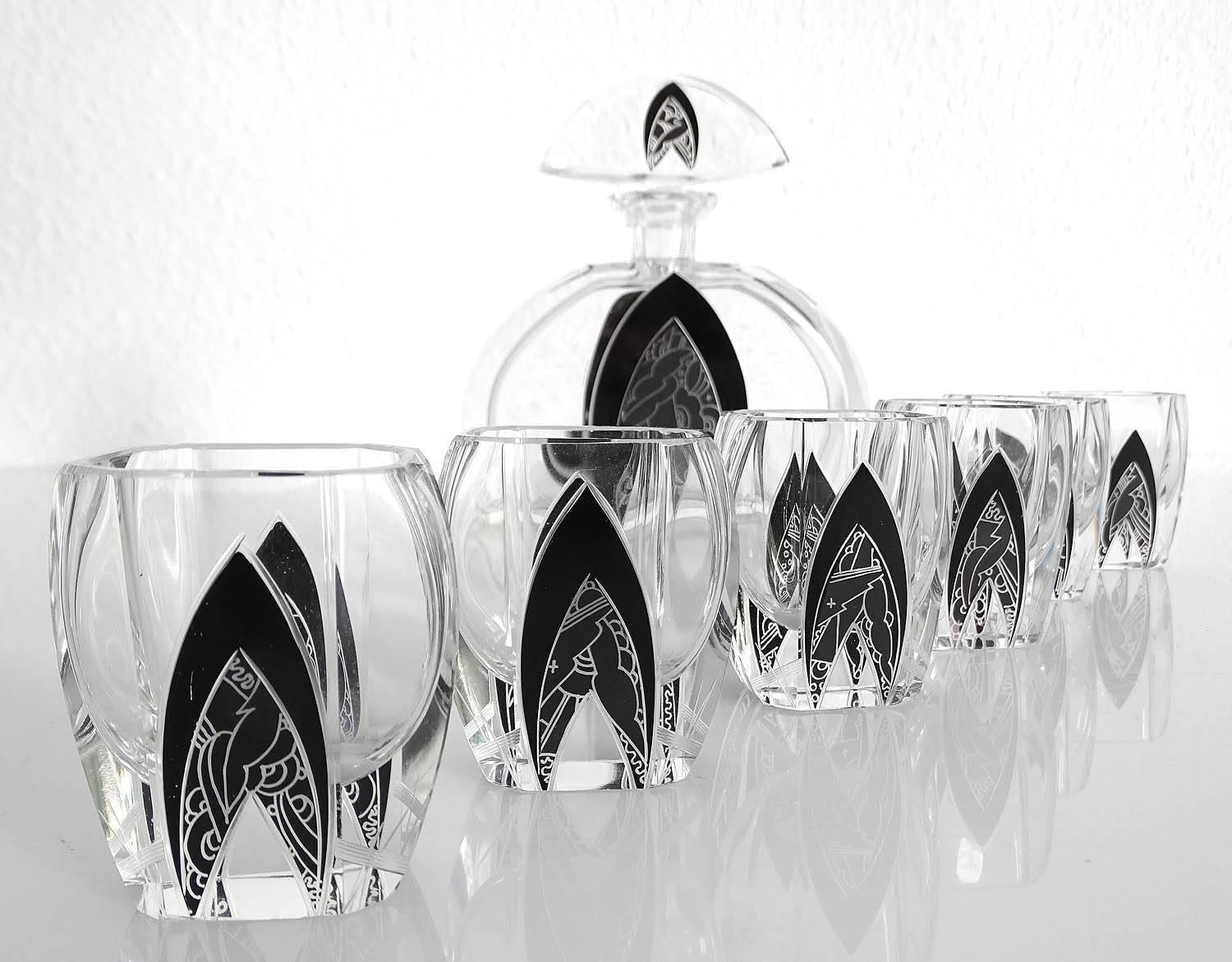 Art Deco Modernist Karl Palda Bohemian Crystal Glass Decanter Set, 1930s 4