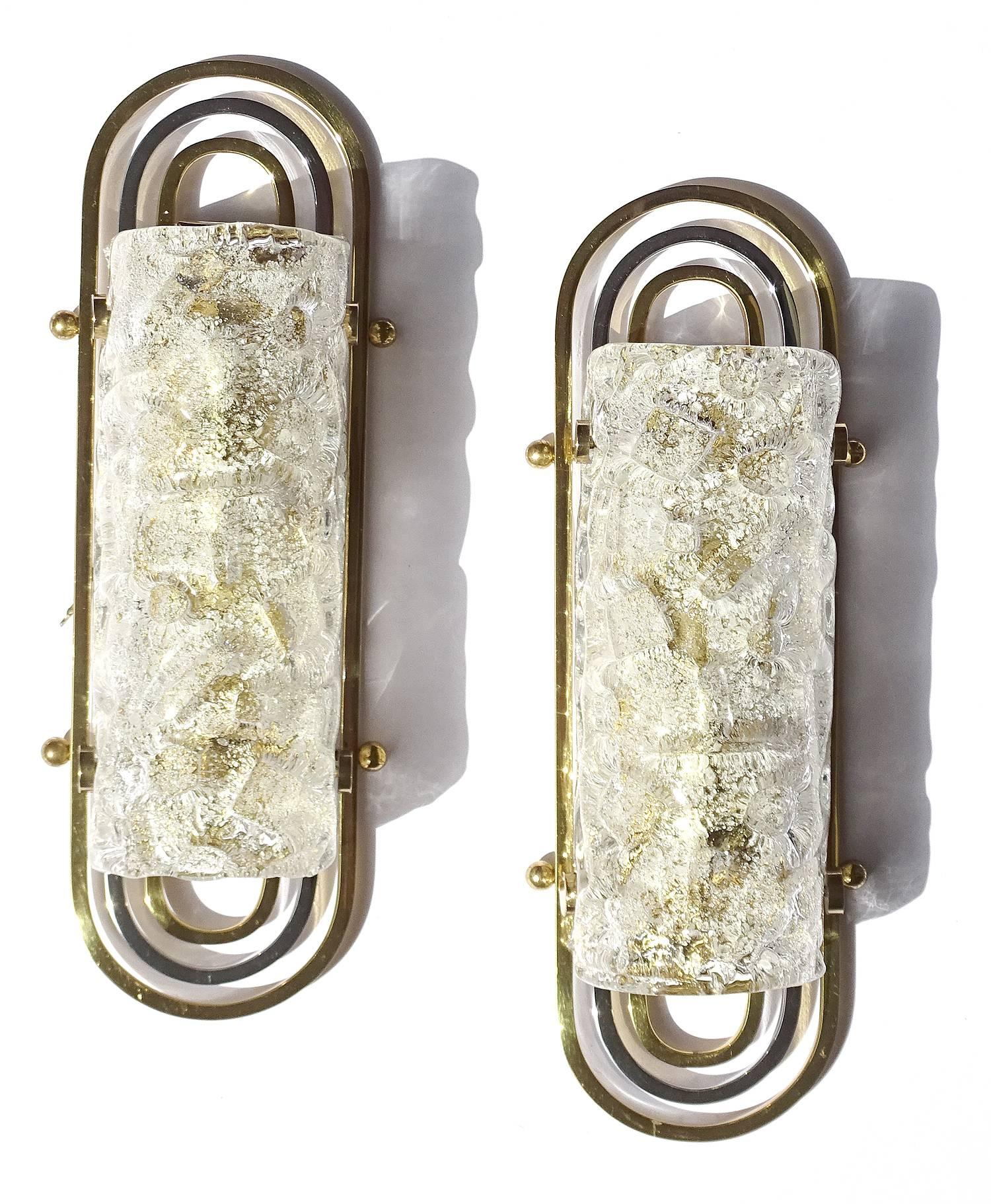 Austrian Pair of Murano Glass & Brass Sconces, 1970s Modernist Mirror Vanity Lights