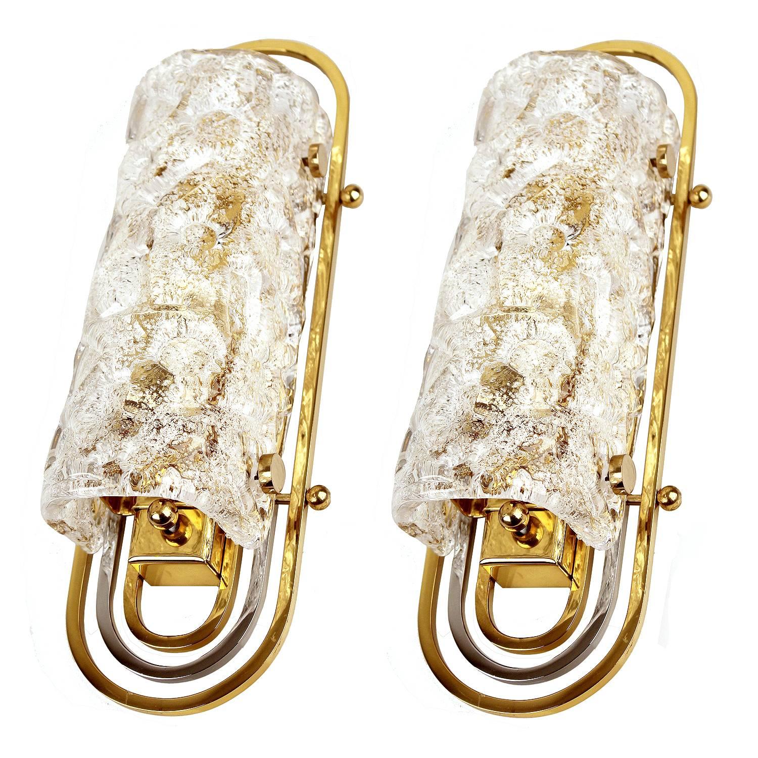 Late 20th Century Pair of Murano Glass & Brass Sconces, 1970s Modernist Mirror Vanity Lights