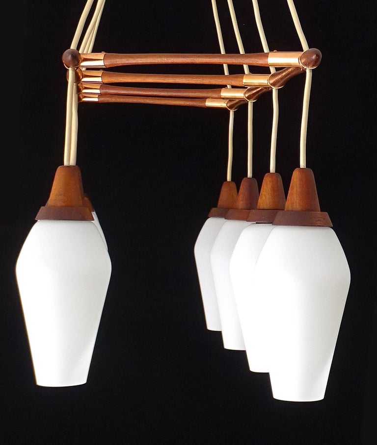 Large MidCentury Danish Modern Pendant Chandelier Light, Teak Glass For