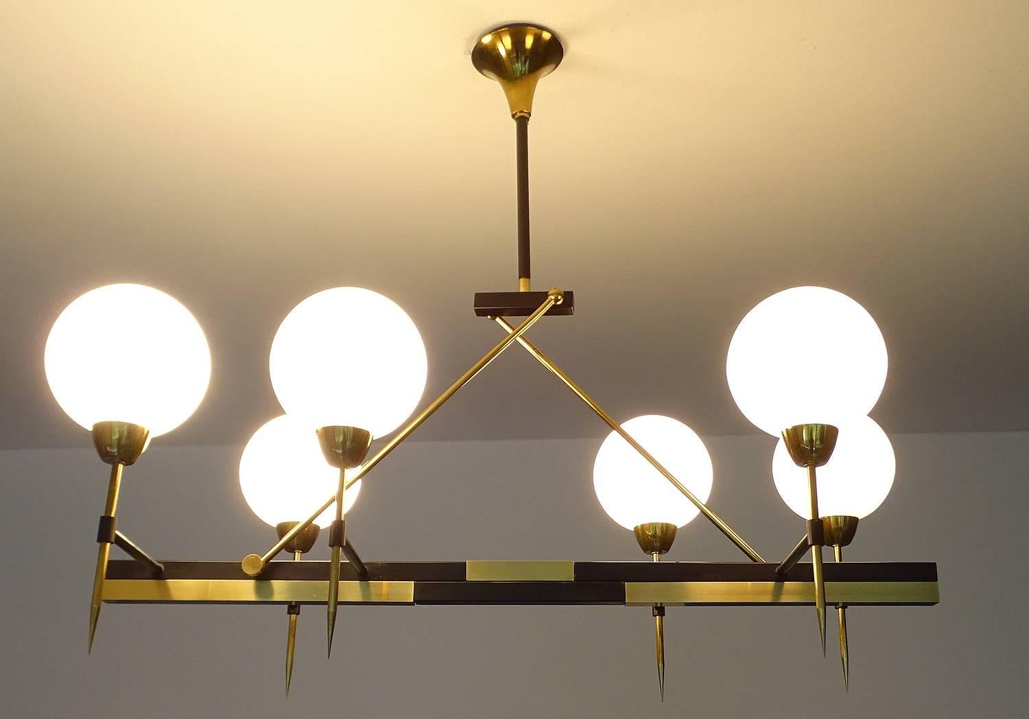 Mid-Century Modern Very Large Linear Maison Arlus Glass Globes Chandelier Brass French Modernist