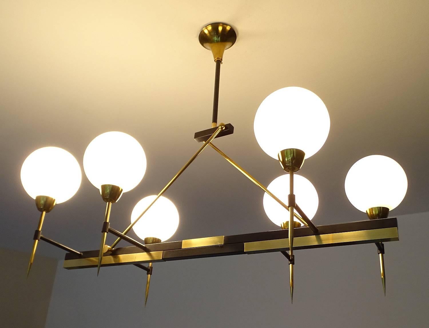Mid-20th Century Very Large Linear Maison Arlus Glass Globes Chandelier Brass French Modernist