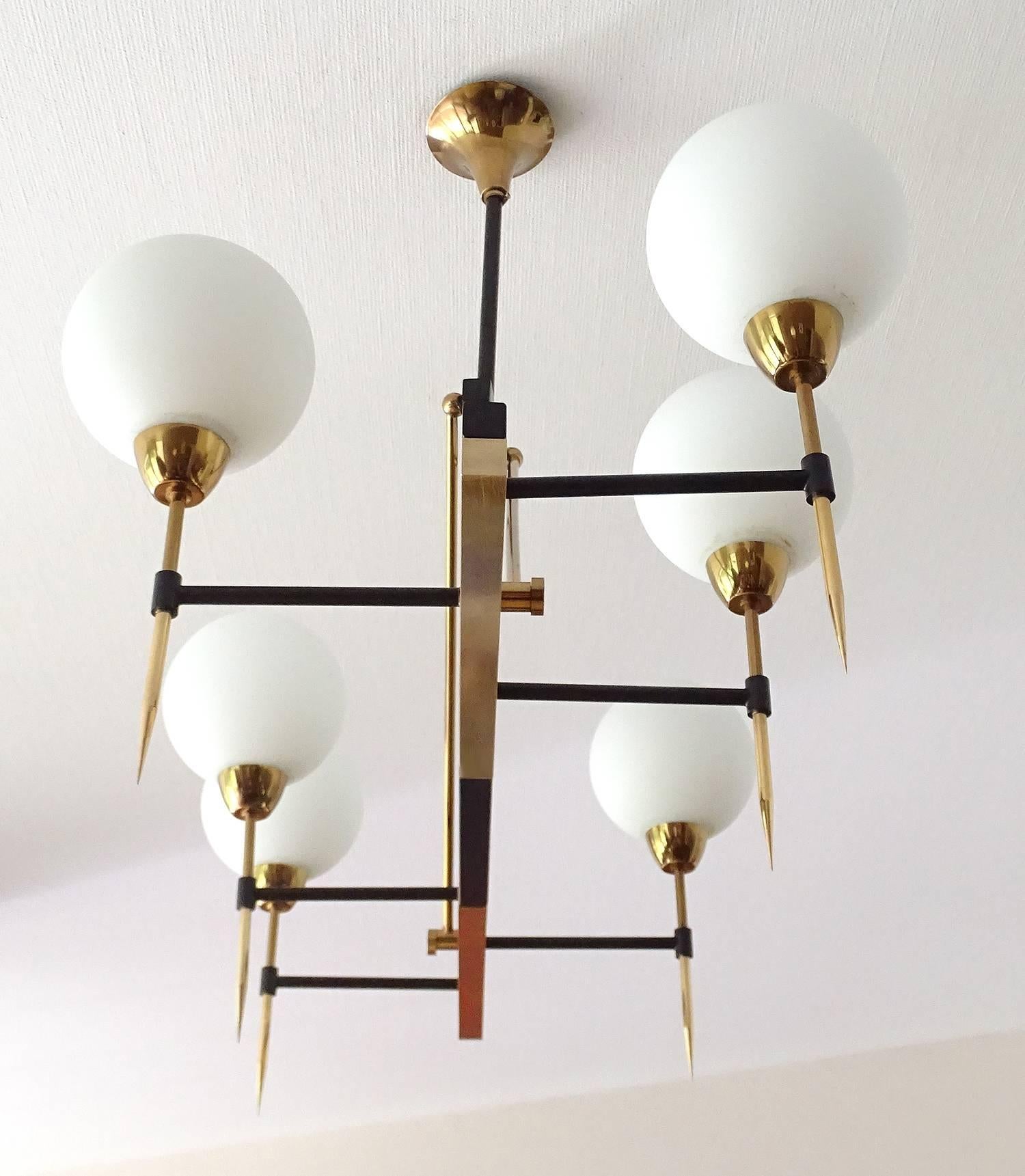 Very Large Linear Maison Arlus Glass Globes Chandelier Brass French Modernist 2