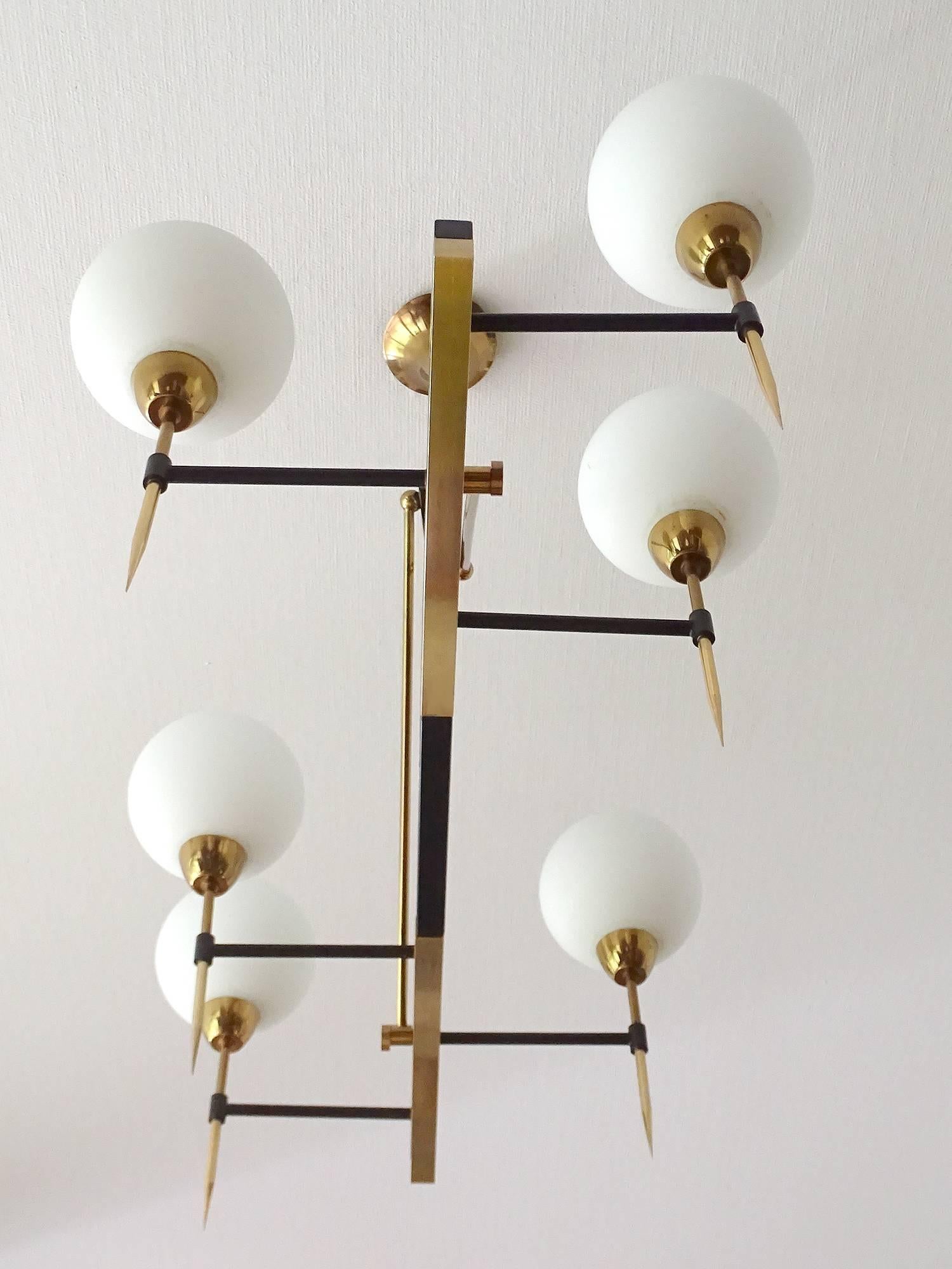 Very Large Linear Maison Arlus Glass Globes Chandelier Brass French Modernist 4