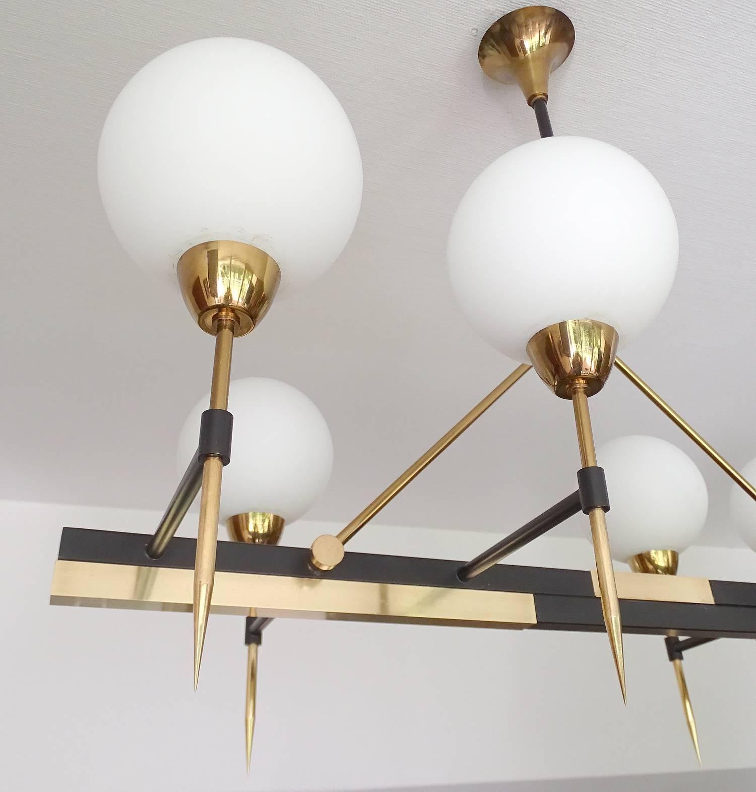 Very Large Linear Maison Arlus Glass Globes Chandelier Brass French Modernist 5